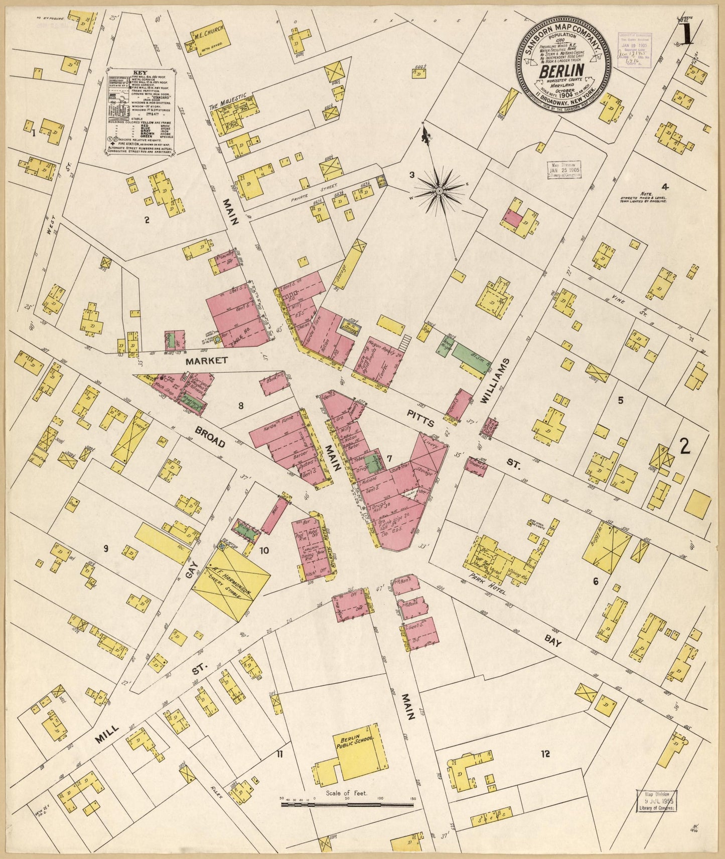 Sanborn Fire Insurance Map from Berlin, Worcester County, Maryland (1904), Sheet #0001 - Historic Sanborn Fire Insurance Map Print, vintage old map wall art, antique decor, genealogy gift, Maryland Maryland map