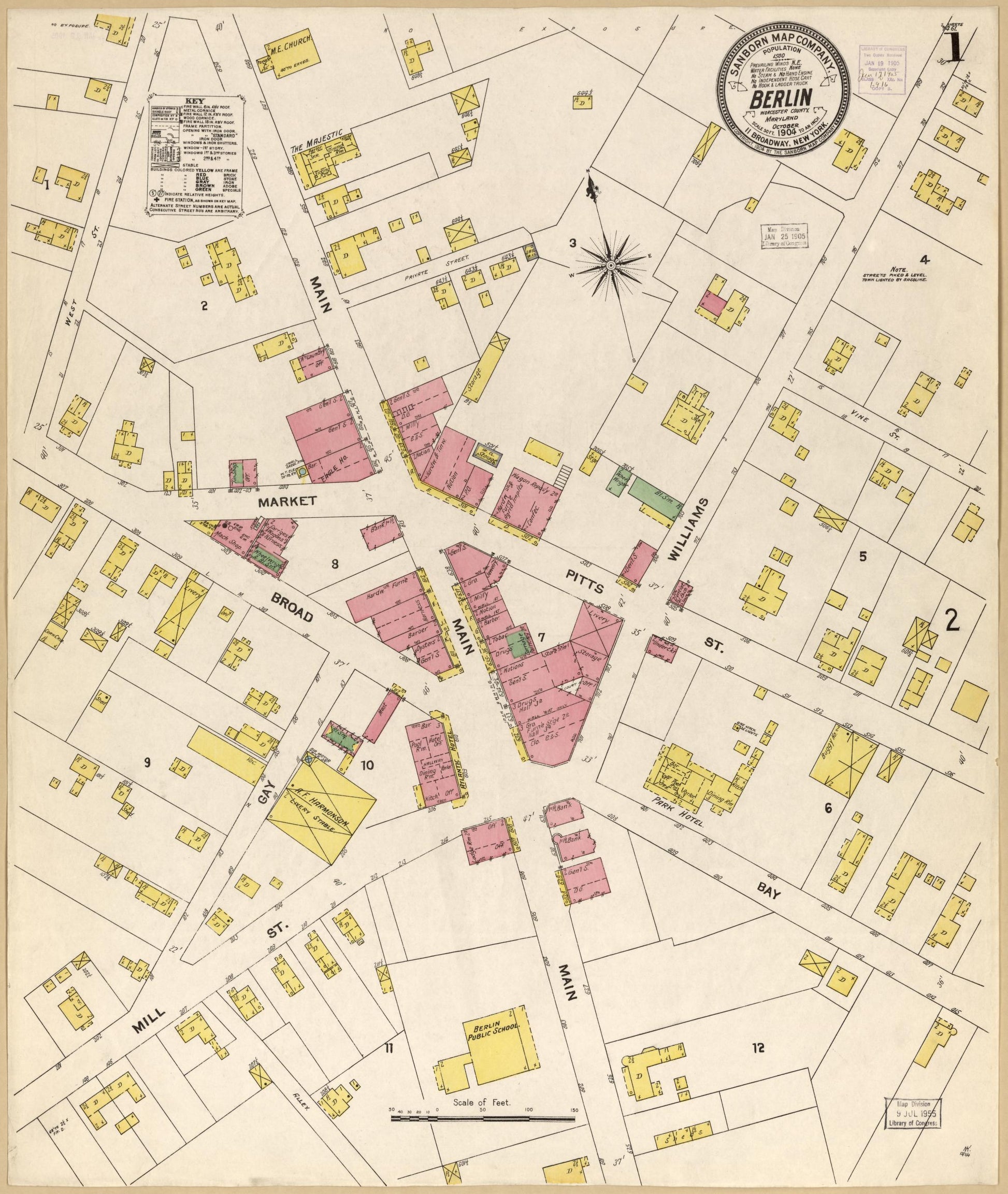 Sanborn Fire Insurance Map from Berlin, Worcester County, Maryland (1904), Sheet #0001 - Historic Sanborn Fire Insurance Map Print, vintage old map wall art, antique decor, genealogy gift, Maryland Maryland map