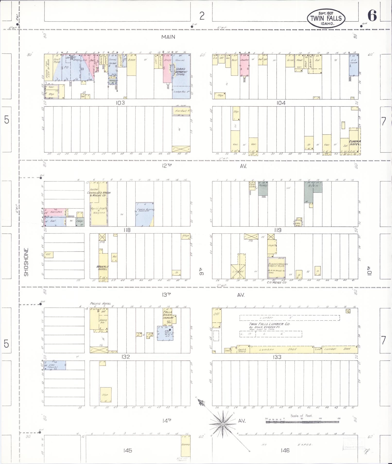 Sanborn Fire Insurance Map from Twin Falls, Twin Falls County, Idaho (1907), Sheet #0006 - Complete Map Set gallery image, historic Sanborn map, vintage wall art, Falls Idaho