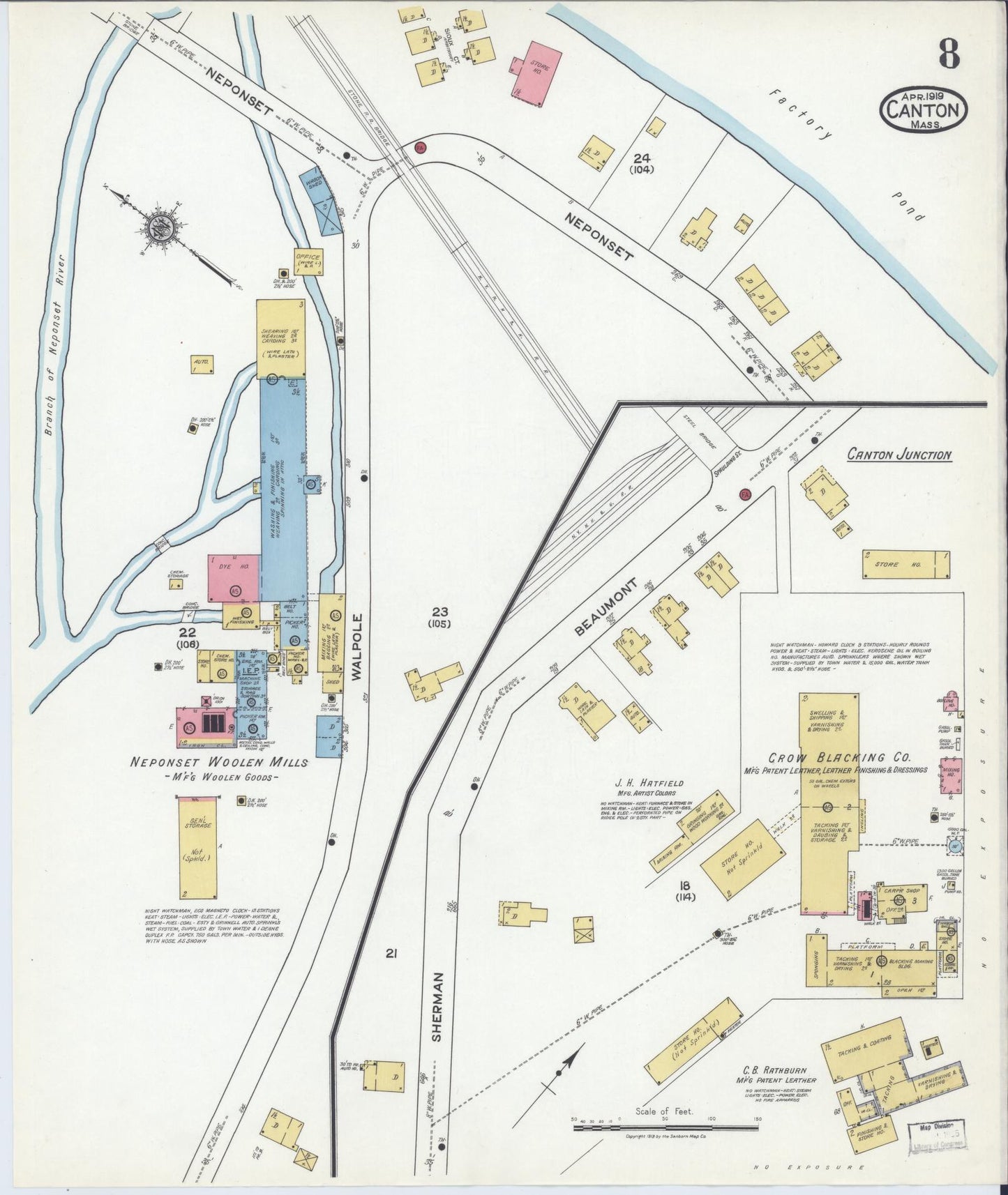 Sanborn Fire Insurance Map from Canton, Norfolk County, Massachusetts (1919), Sheet #0008 - Complete Map Set gallery image, historic Sanborn map, vintage wall art, Massachusetts Massachusetts