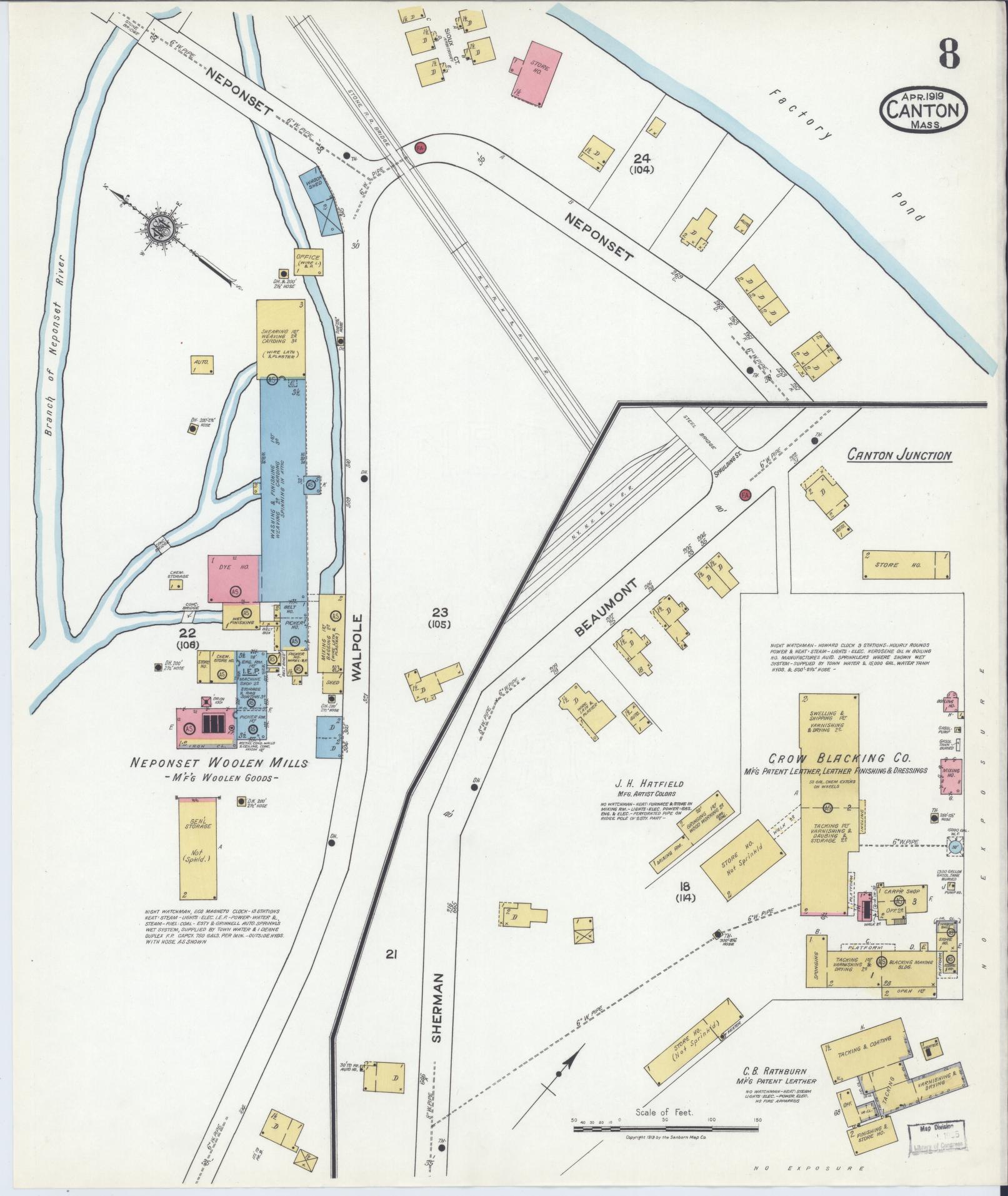 Sanborn Fire Insurance Map from Canton, Norfolk County, Massachusetts (1919), Sheet #0008 - Complete Map Set gallery image, historic Sanborn map, vintage wall art, Massachusetts Massachusetts