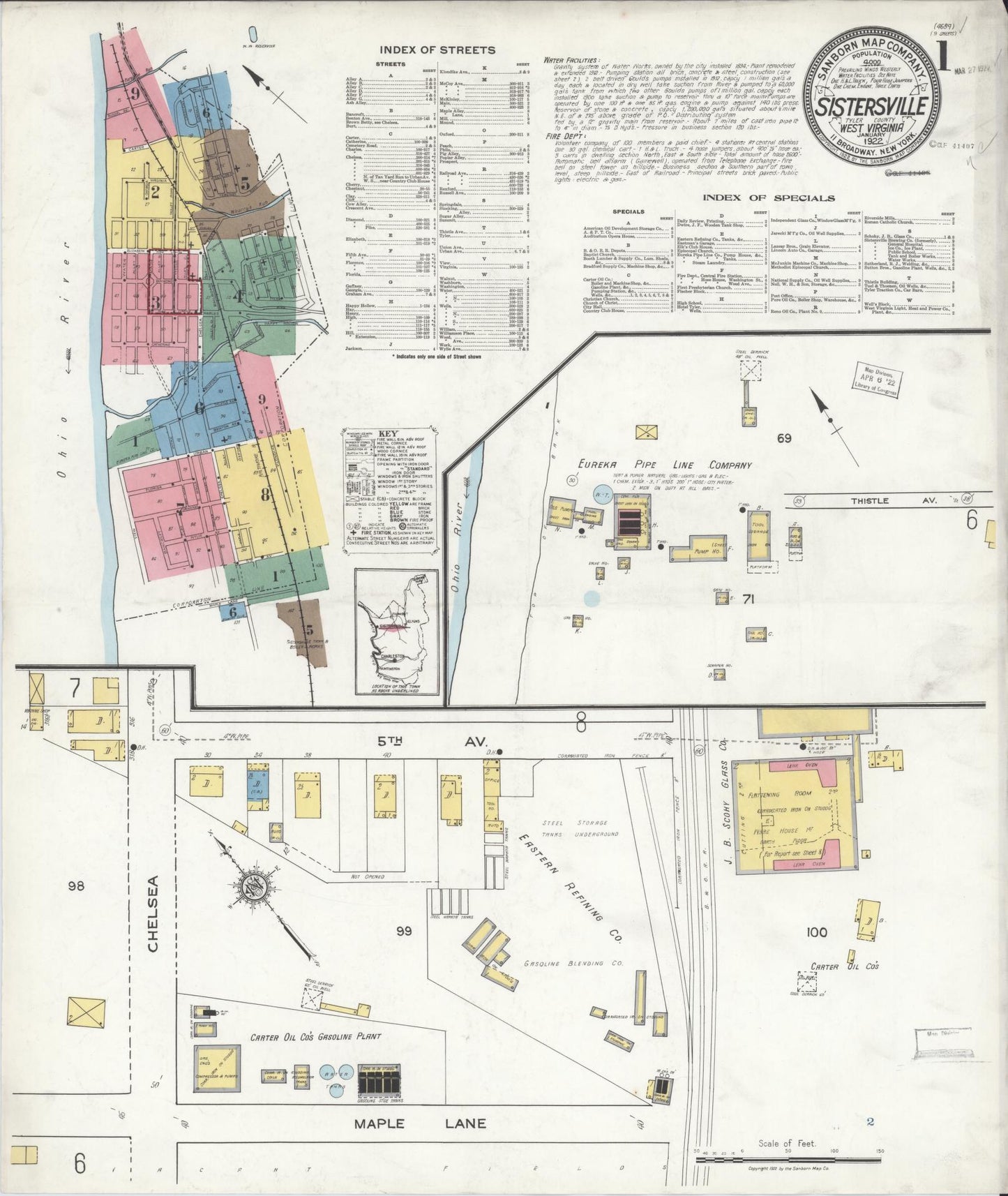 Sanborn Fire Insurance Map from Sistersville, Tyler County, West Virginia (1922), Sheet #0001 - Historic Sanborn Fire Insurance Map Print, vintage old map wall art, antique decor, genealogy gift, West Virginia West Virginia map