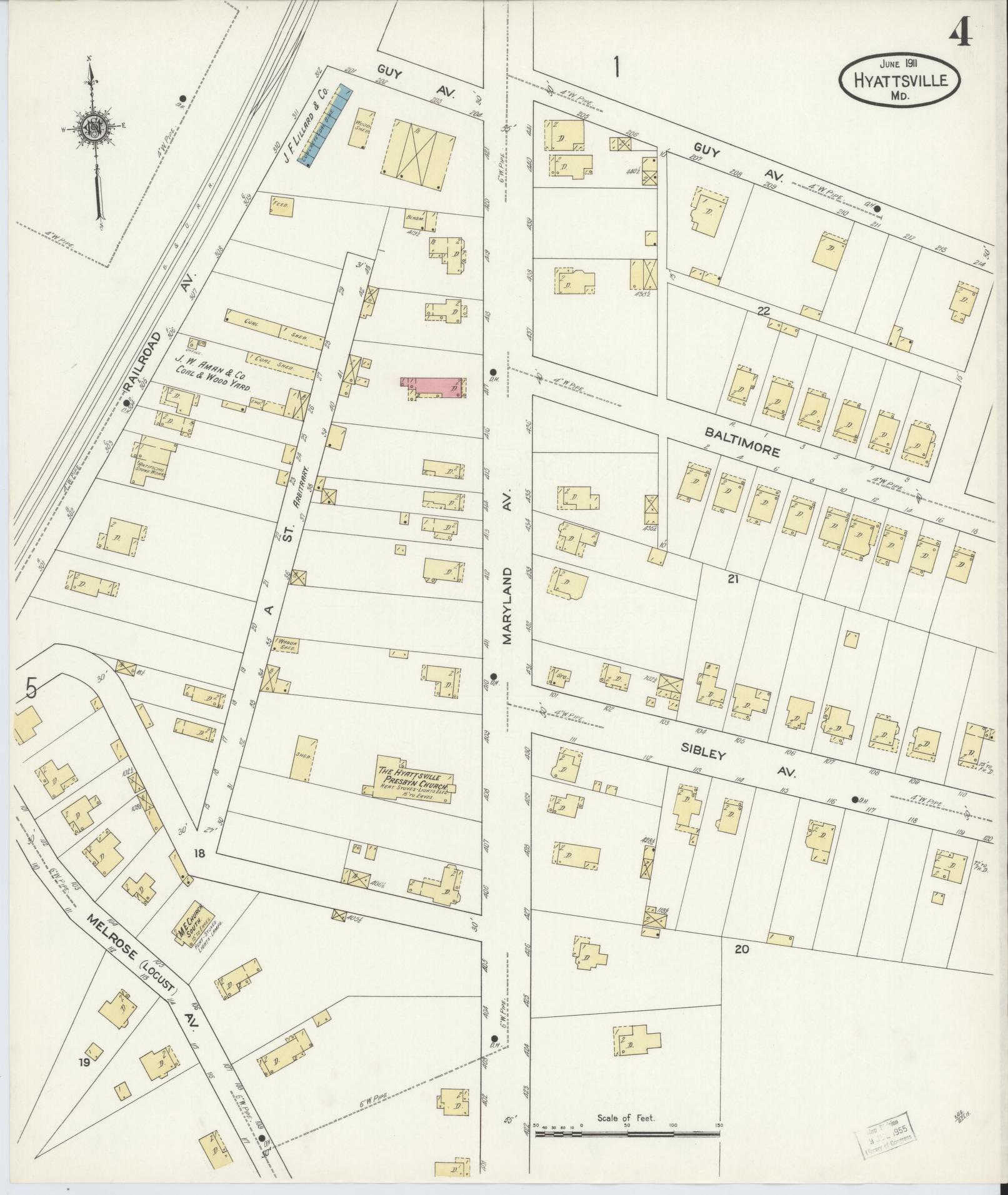 Sanborn Fire Insurance Map from Hyattsville, Prince Georges County, Maryland (1911), Sheet #0004 - Historic Sanborn Fire Insurance Map Print, vintage old map wall art