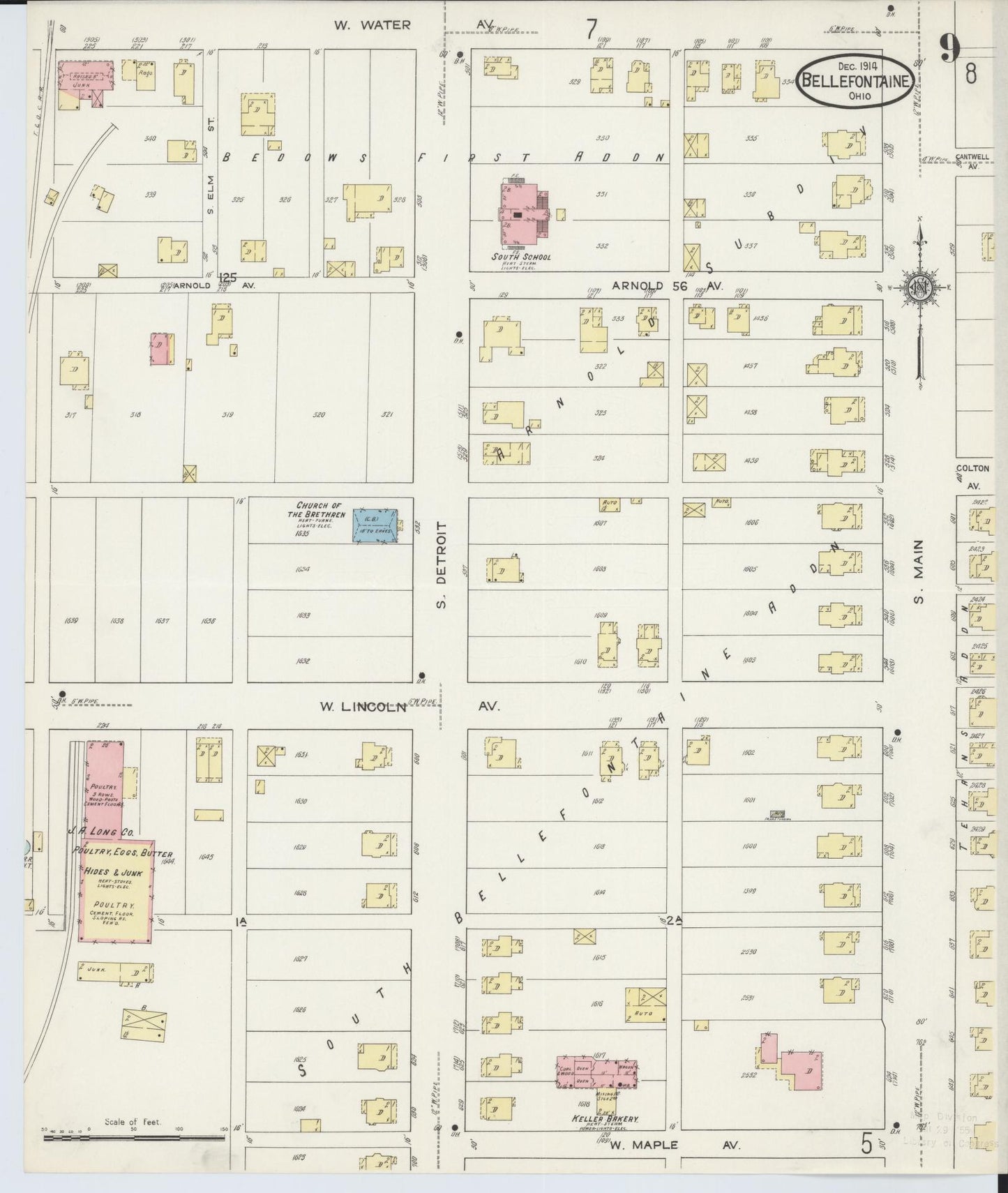 Sanborn Fire Insurance Map from Bellefontaine, Logan County, Ohio (1914), Sheet #0009 - Historic Sanborn Fire Insurance Map Print, vintage old map wall art, antique decor, genealogy gift, Ohio Ohio map