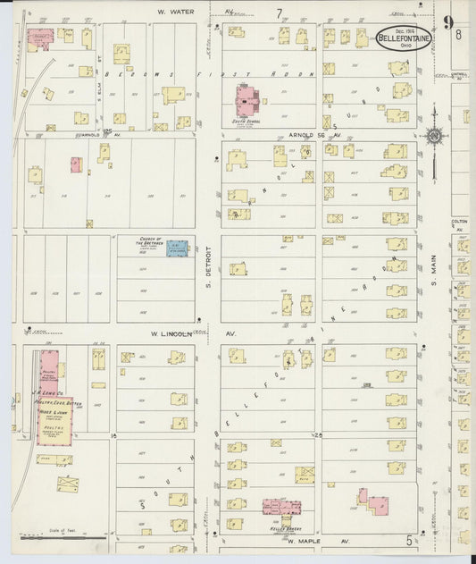 Sanborn Fire Insurance Map from Bellefontaine, Logan County, Ohio (1914), Sheet #0009 - Historic Sanborn Fire Insurance Map Print, vintage old map wall art, antique decor, genealogy gift, Ohio Ohio map