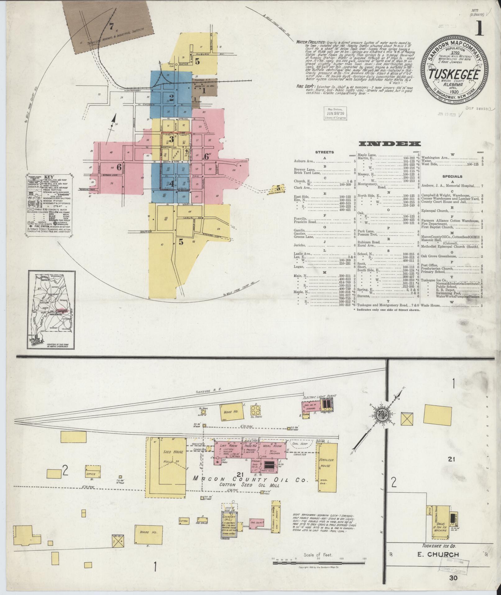 Sanborn Fire Insurance Map from Tuskegee, Macon County, Alabama (1920), Sheet #0001 - Complete Map Set gallery image, historic Sanborn map, vintage wall art, Alabama Alabama