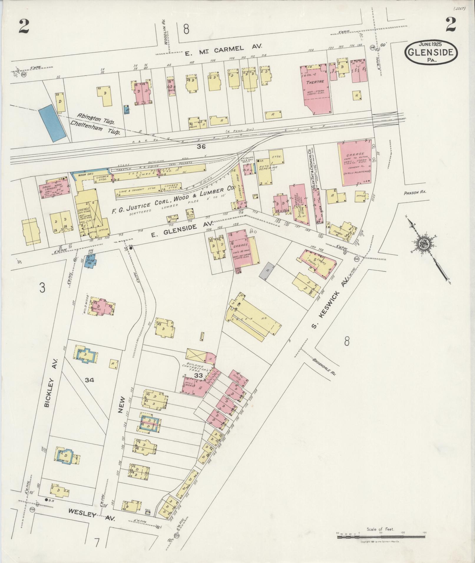 Sanborn Fire Insurance Map from Glenside, Montgomery County, Pennsylvania (1925), Sheet #0002 - Historic Sanborn Fire Insurance Map Print, vintage old map wall art, antique decor, genealogy gift, Pennsylvania Pennsylvania map