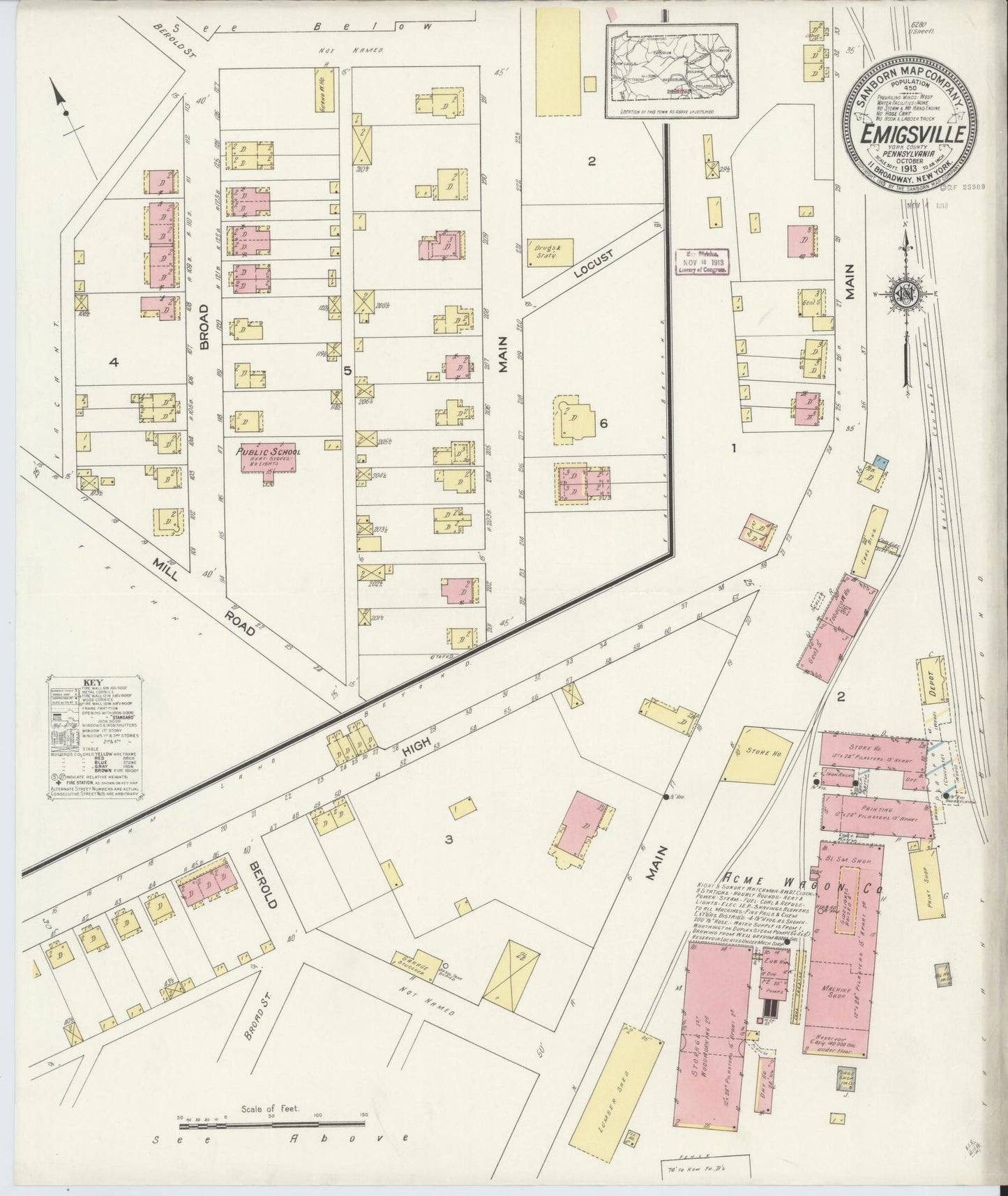 Sanborn Fire Insurance Map from Emigsville, York County, Pennsylvania (1913), Sheet #0001 - Historic Sanborn Fire Insurance Map Print, vintage old map wall art, antique decor, genealogy gift, Pennsylvania Pennsylvania map
