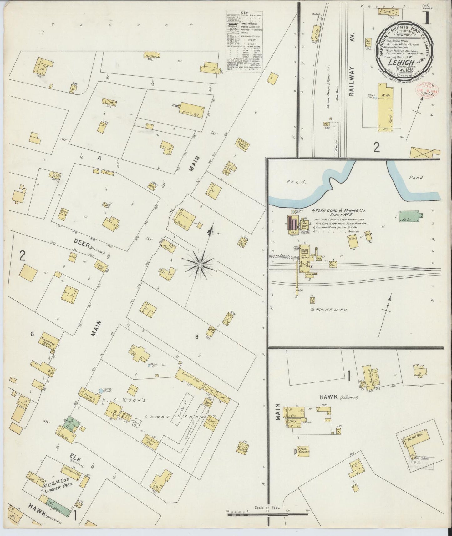 Sanborn Fire Insurance Map from Lehigh, Coal County, Oklahoma (1896), Sheet #0001 - Complete Map Set gallery image, historic Sanborn map, vintage wall art, Oklahoma Oklahoma