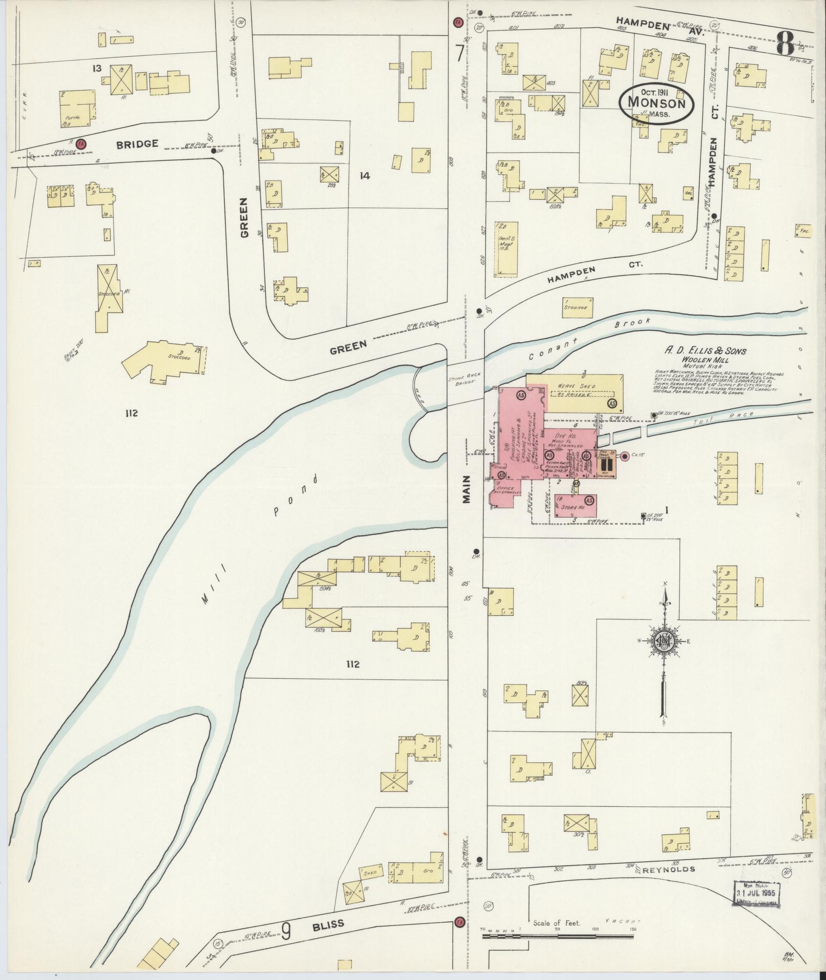 Sanborn Fire Insurance Map from Monson, Hampden County, Massachusetts (1911), Sheet #0008 - Complete Map Set gallery image, historic Sanborn map, vintage wall art, Massachusetts Massachusetts
