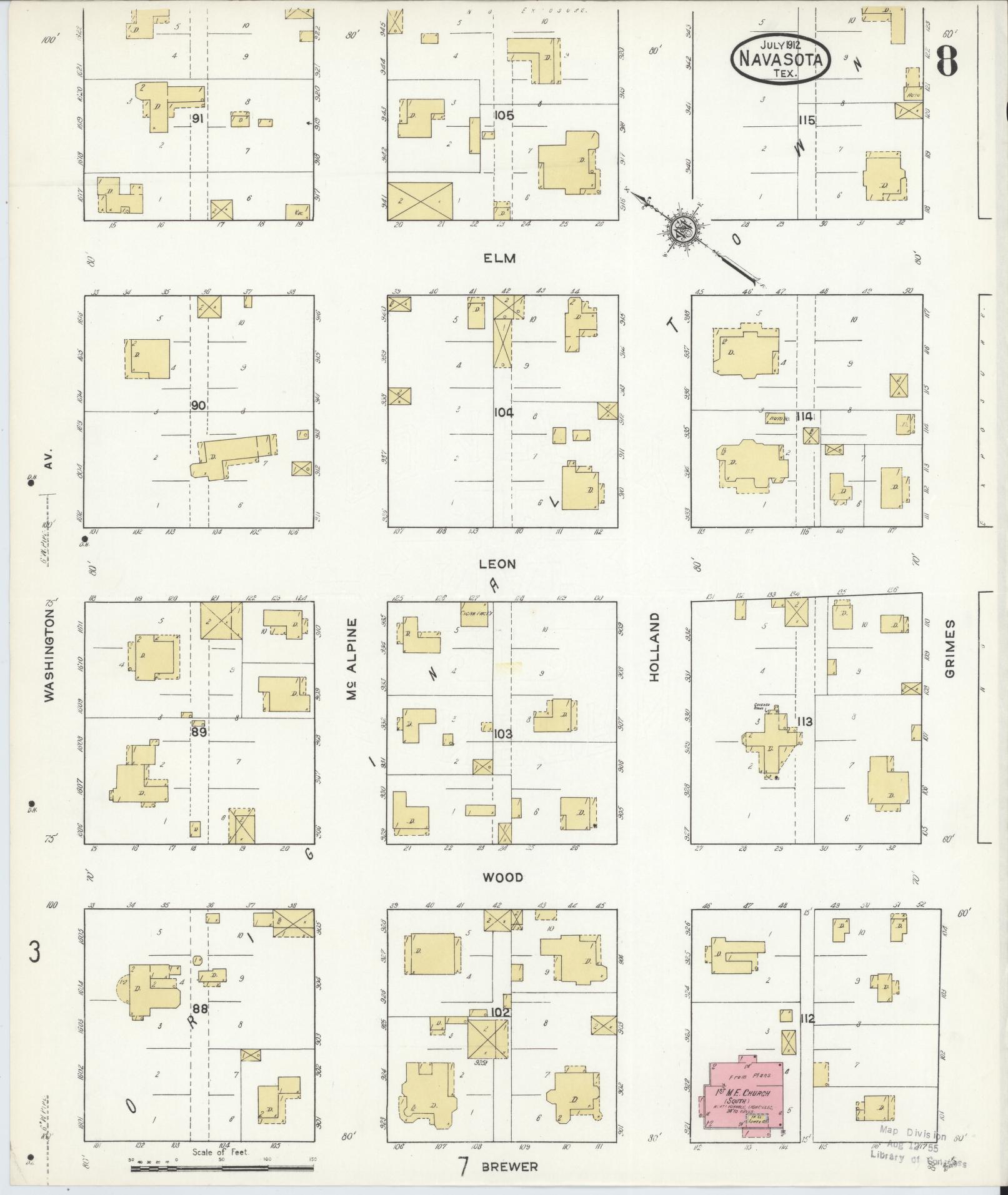 Sanborn Fire Insurance Map from Navasota, Grimes County, Texas (1912), Sheet #0008 - Historic Sanborn Fire Insurance Map Print, vintage old map wall art, antique decor, genealogy gift, Texas Texas map