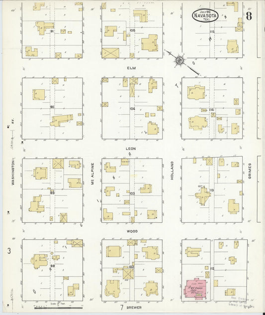 Sanborn Fire Insurance Map from Navasota, Grimes County, Texas (1912), Sheet #0008 - Historic Sanborn Fire Insurance Map Print, vintage old map wall art, antique decor, genealogy gift, Texas Texas map