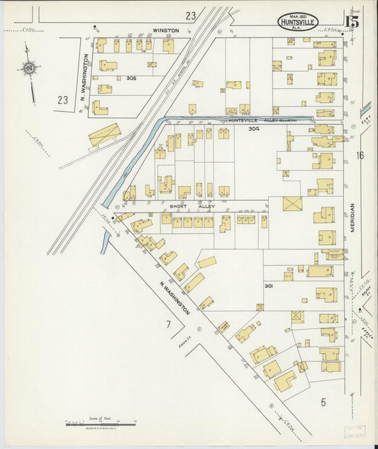 Sanborn Fire Insurance Map from Huntsville, Madison County, Alabama (1921), Sheet #0015 - Historic Sanborn Fire Insurance Map Print, vintage old map wall art, antique decor, genealogy gift, Alabama Alabama map