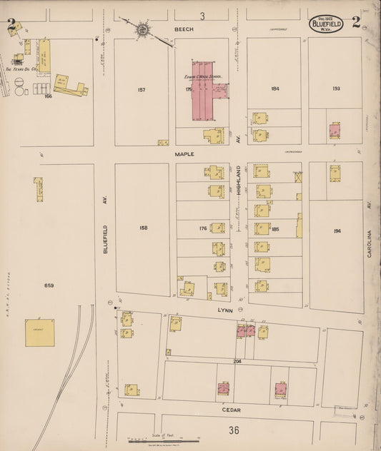 Sanborn Fire Insurance Map from Bluefield, Mercer County, West Virginia (1922), Sheet #0002 - Historic Sanborn Fire Insurance Map Print, vintage old map wall art, antique decor, genealogy gift, West Virginia West Virginia map
