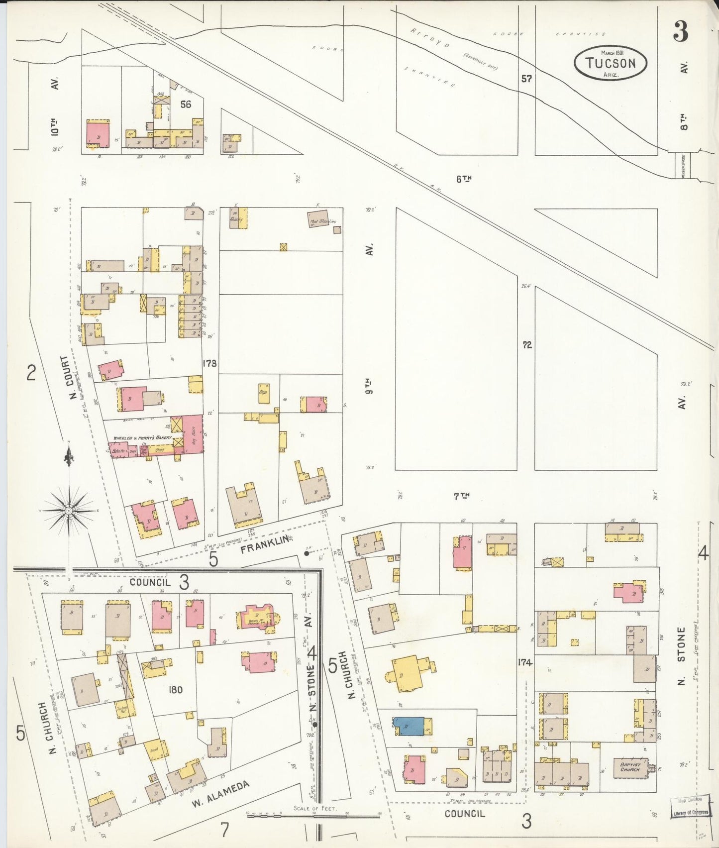 Sanborn Fire Insurance Map from Tucson, Pima County, Arizona (1901), Sheet #0003 - Complete Map Set gallery image, historic Sanborn map, vintage wall art, Arizona Arizona