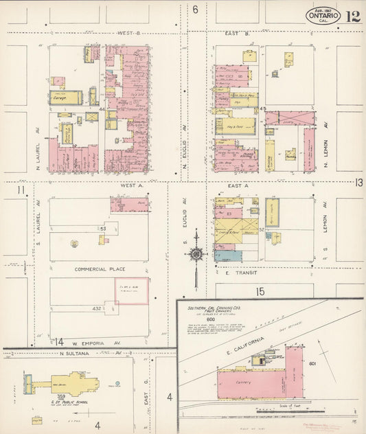 Sanborn Fire Insurance Map from Ontario, San Bernardino County, California (1912), Sheet #0012 - Historic Sanborn Fire Insurance Map Print, vintage old map wall art, antique decor, genealogy gift, California California map