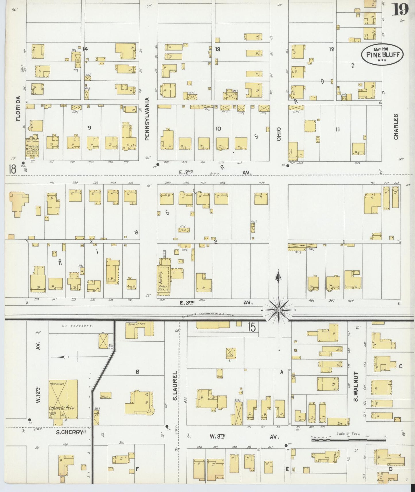 Sanborn Fire Insurance Map from Pine Bluff, Jefferson County, Arkansas (1901), Sheet #0019 - Complete Map Set gallery image, historic Sanborn map, vintage wall art, Arkansas Arkansas