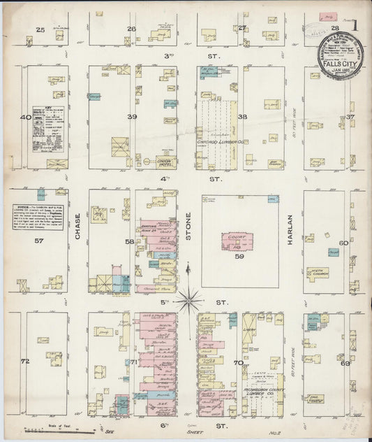 Sanborn Fire Insurance Map from Falls City, Richardson County, Nebraska (1885), Sheet #0001 - Complete Map Set gallery image, historic Sanborn map, vintage wall art, Nebraska Nebraska