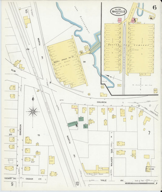 Sanborn Fire Insurance Map from Wakefield, Middlesex County, Massachusetts (1909), Sheet #0006 - Historic Sanborn Fire Insurance Map Print, vintage old map wall art, antique decor, genealogy gift, Massachusetts Massachusetts map
