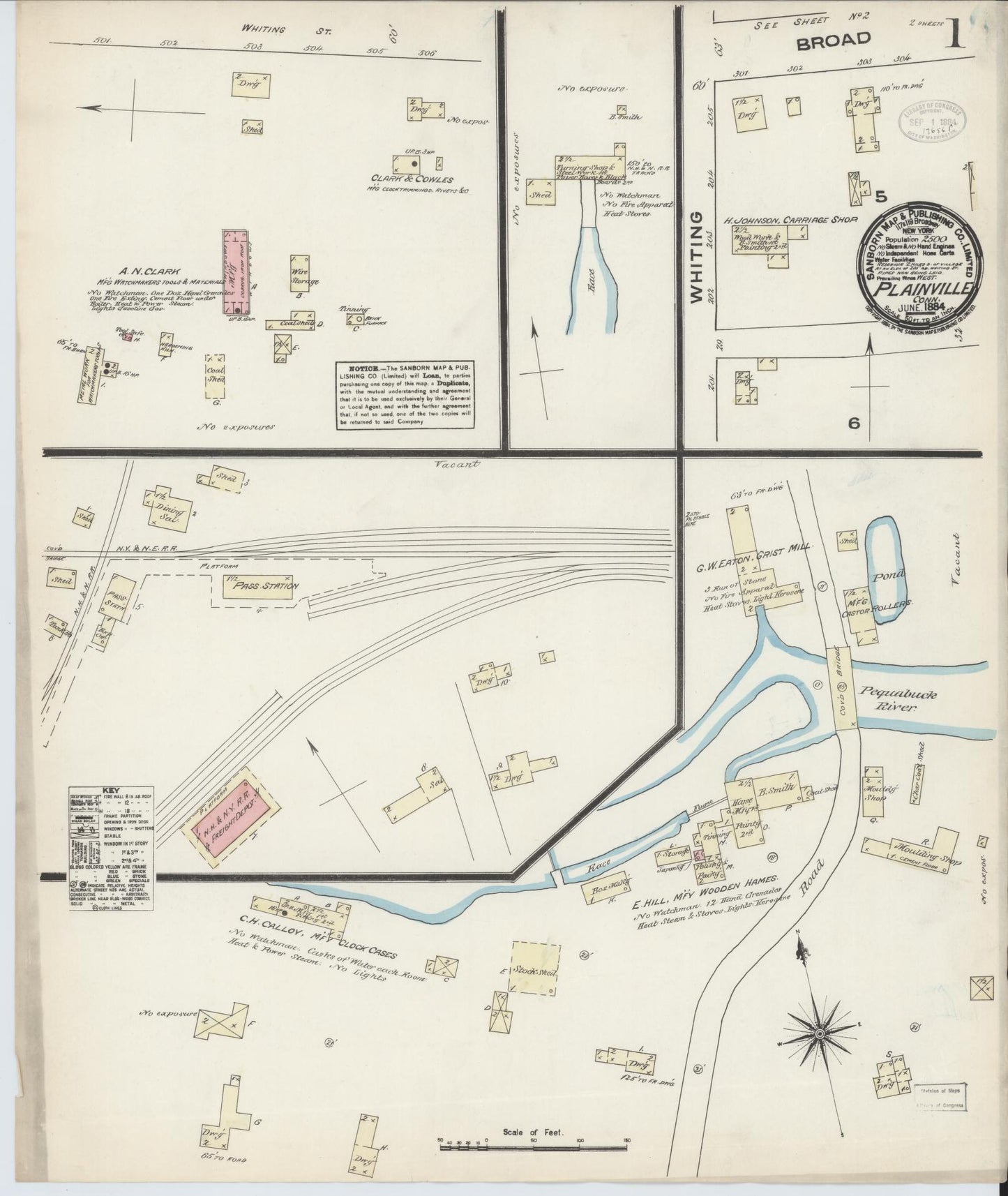 Sanborn Fire Insurance Map from Plainville, Hartford County, Connecticut (1884), Sheet #0001 - Complete Map Set gallery image, historic Sanborn map, vintage wall art, Connecticut Connecticut