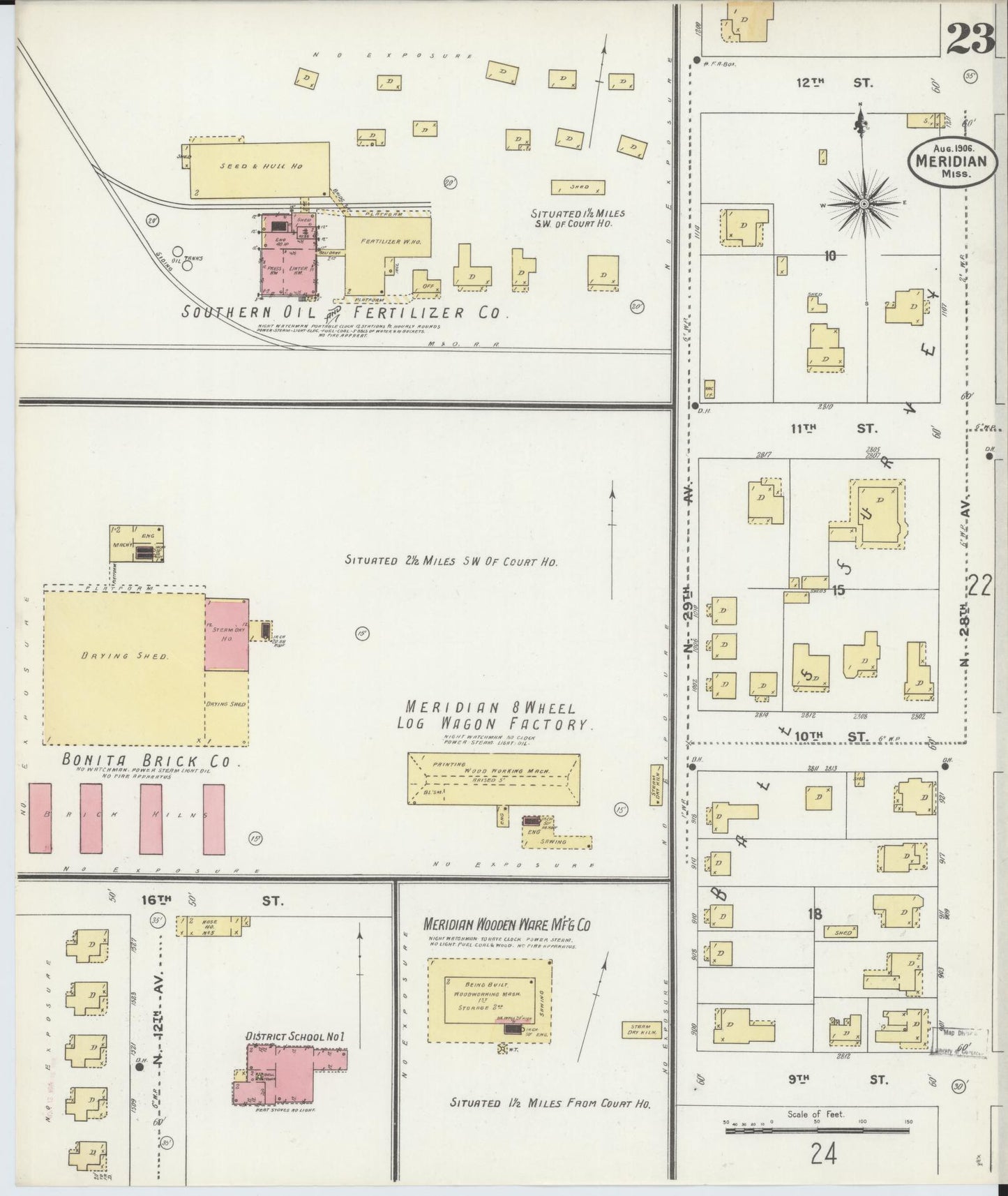Sanborn Fire Insurance Map from Meridian, Lauderdale County, Mississippi (1906), Sheet #0023 - Historic Sanborn Fire Insurance Map Print, vintage old map wall art, antique decor, genealogy gift, Mississippi Mississippi map