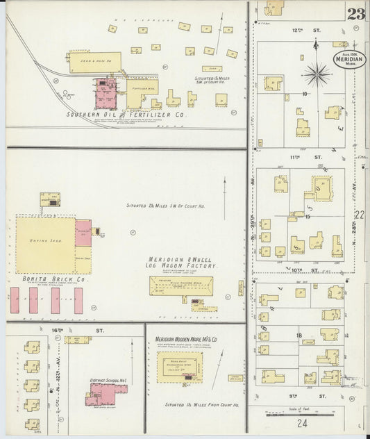 Sanborn Fire Insurance Map from Meridian, Lauderdale County, Mississippi (1906), Sheet #0023 - Historic Sanborn Fire Insurance Map Print, vintage old map wall art, antique decor, genealogy gift, Mississippi Mississippi map