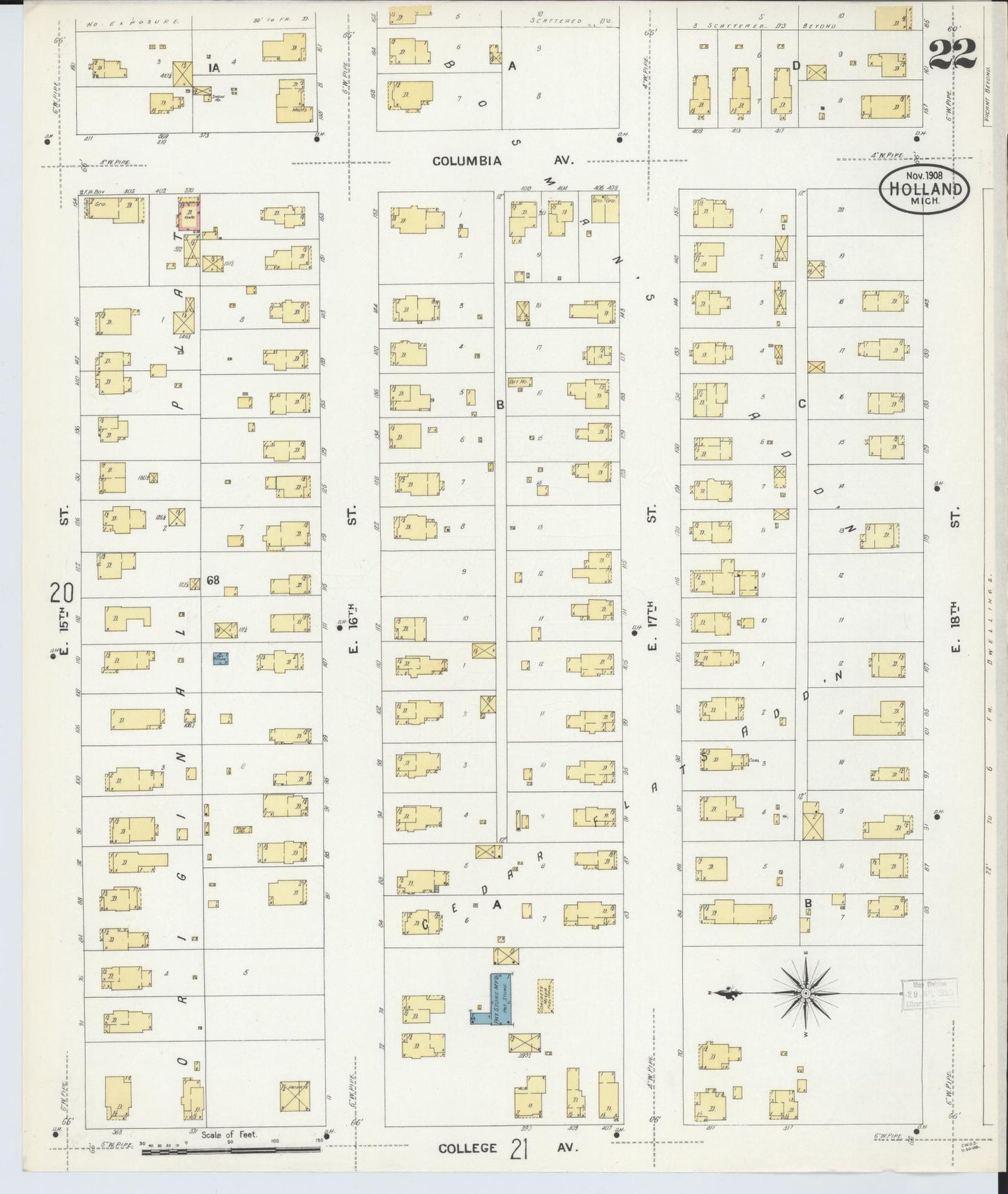 Sanborn Fire Insurance Map from Holland, Ottawa County, Michigan (1908), Sheet #0022 - Historic Sanborn Fire Insurance Map Print, vintage old map wall art, antique decor, genealogy gift, Michigan Michigan map