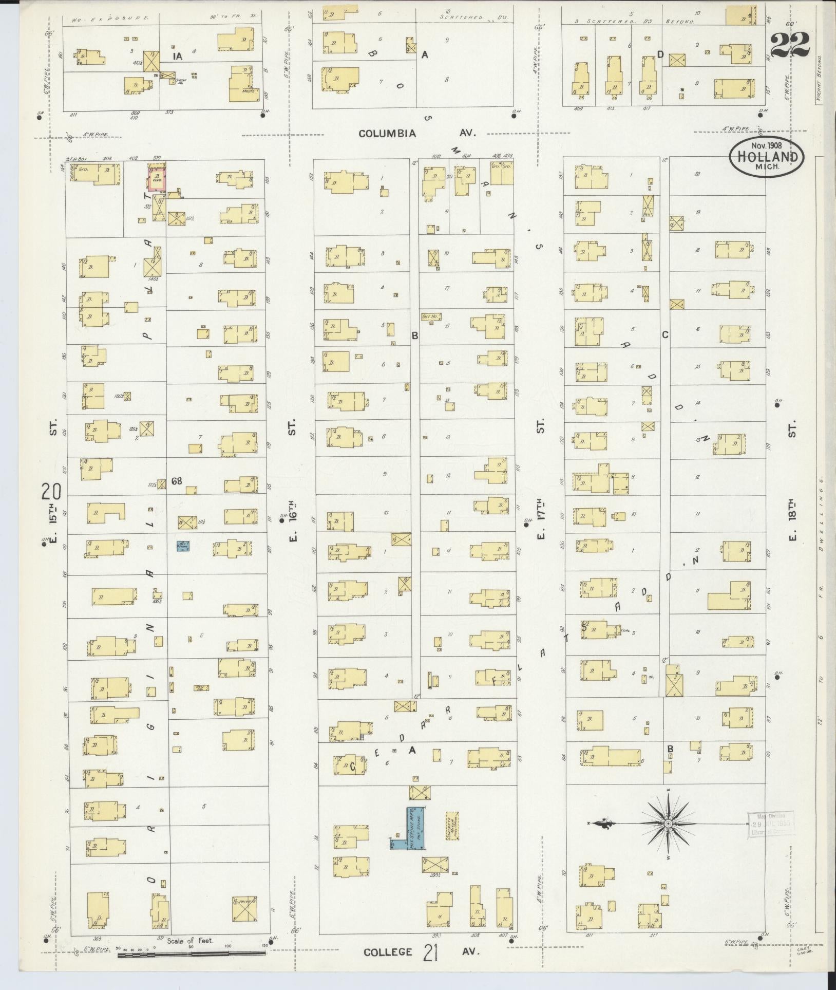 Sanborn Fire Insurance Map from Holland, Ottawa County, Michigan (1908), Sheet #0022 - Historic Sanborn Fire Insurance Map Print, vintage old map wall art, antique decor, genealogy gift, Michigan Michigan map