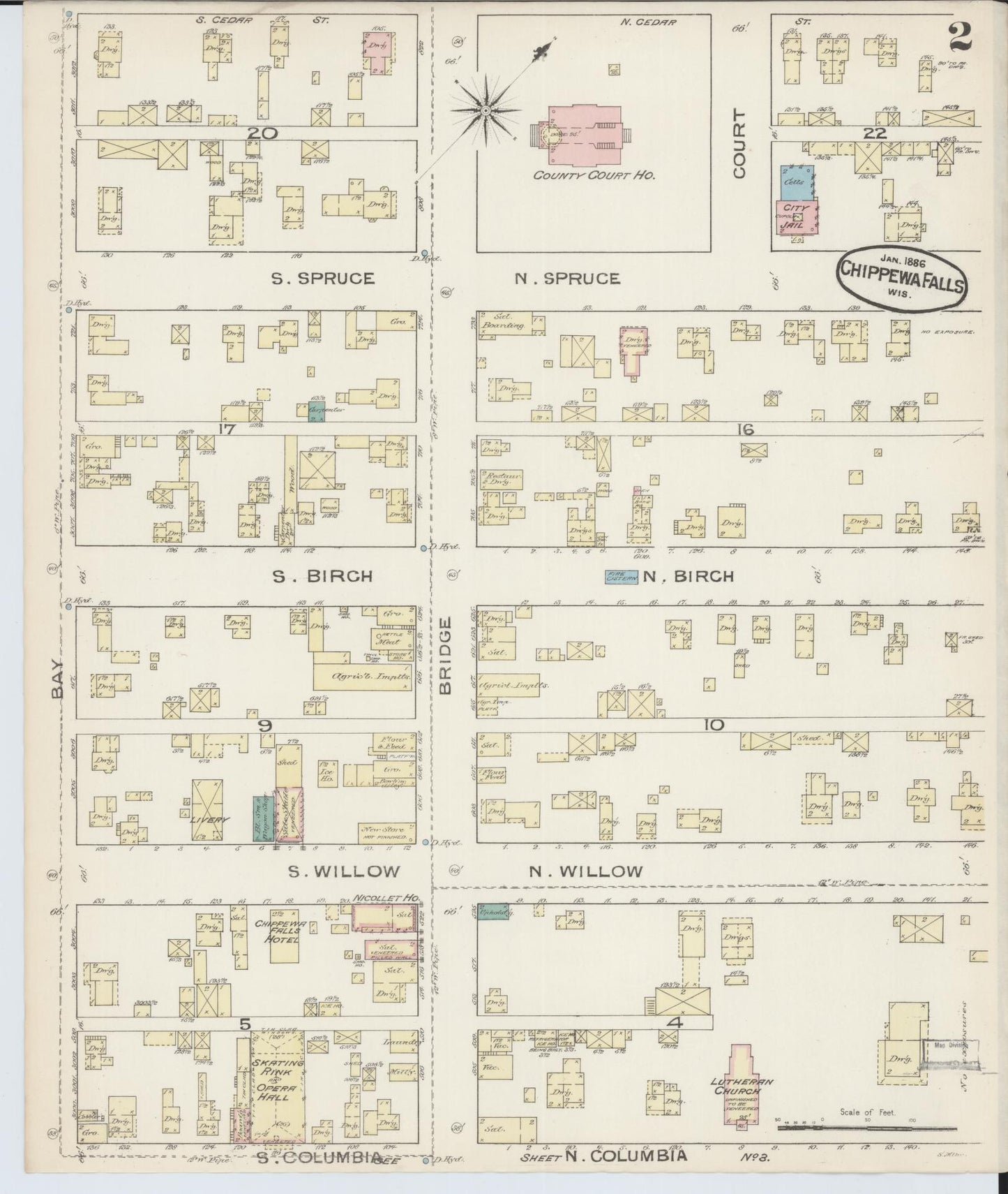 Sanborn Fire Insurance Map from Chippewa Falls, Chippewa County, Wisconsin (1886), Sheet #0002 - Complete Map Set gallery image, historic Sanborn map, vintage wall art, Wisconsin Wisconsin