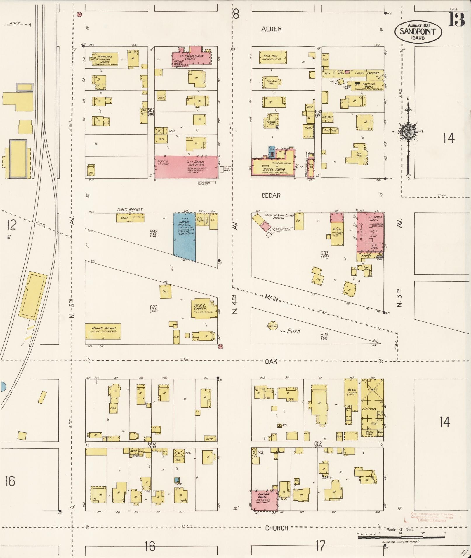 Sanborn Fire Insurance Map from Sandpoint, Bonner County, Idaho (1921), Sheet #0013 - Historic Sanborn Fire Insurance Map Print, vintage old map wall art, antique decor, genealogy gift, Idaho Idaho map