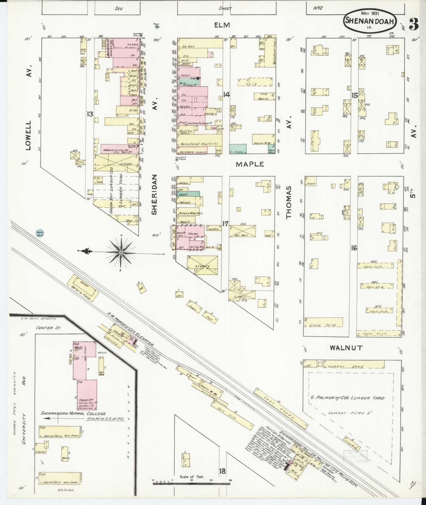 Sanborn Fire Insurance Map from Shenandoah, Page County, Iowa (1891), Sheet #0003 - Historic Sanborn Fire Insurance Map Print, vintage old map wall art