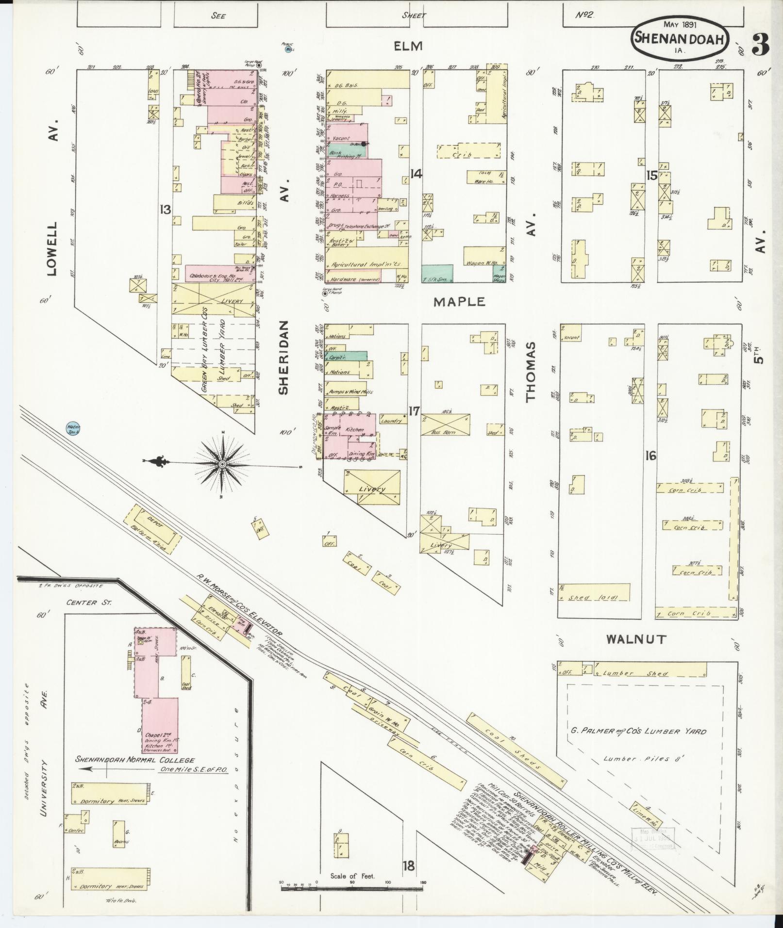 Sanborn Fire Insurance Map from Shenandoah, Page County, Iowa (1891), Sheet #0003 - Historic Sanborn Fire Insurance Map Print, vintage old map wall art