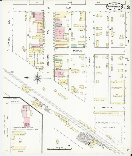 Sanborn Fire Insurance Map from Shenandoah, Page County, Iowa (1891), Sheet #0003 - Historic Sanborn Fire Insurance Map Print, vintage old map wall art