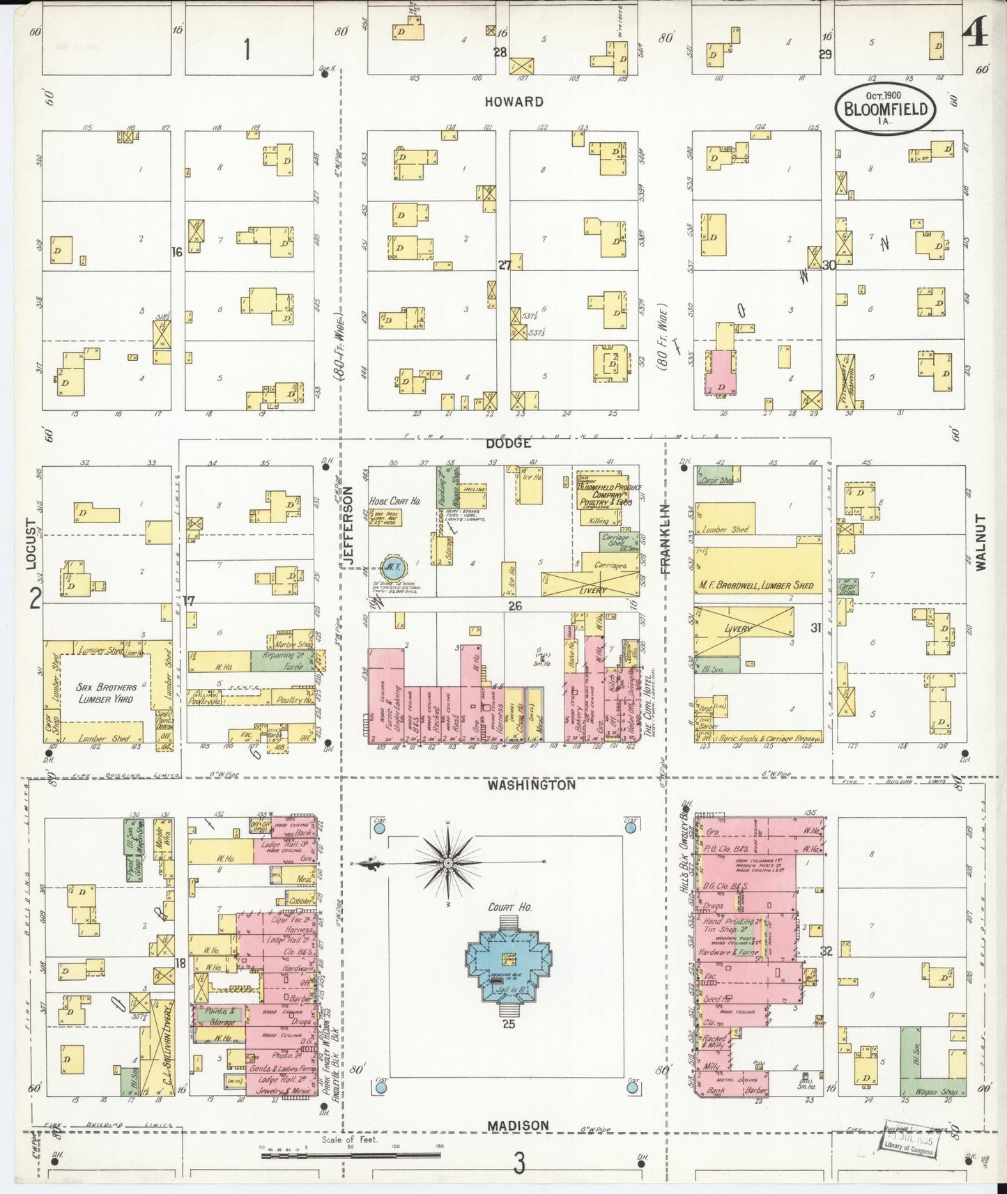 Sanborn Fire Insurance Map from Bloomfield, Davis County, Iowa (1900), Sheet #0004 - Historic Sanborn Fire Insurance Map Print, vintage old map wall art