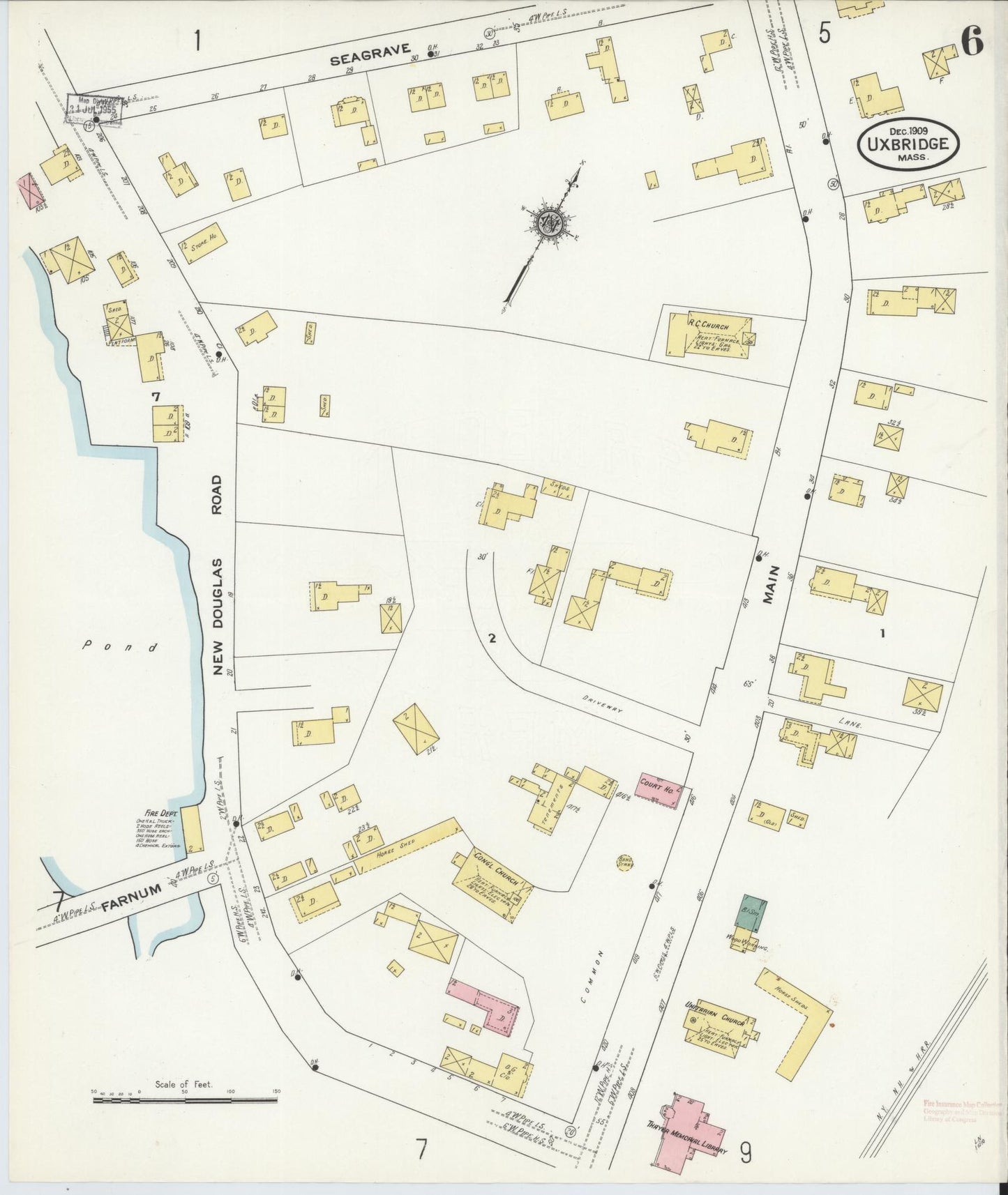 Sanborn Fire Insurance Map from Uxbridge, Worcester County, Massachusetts (1909), Sheet #0006 - Historic Sanborn Fire Insurance Map Print, vintage old map wall art, antique decor, genealogy gift, Massachusetts Massachusetts map
