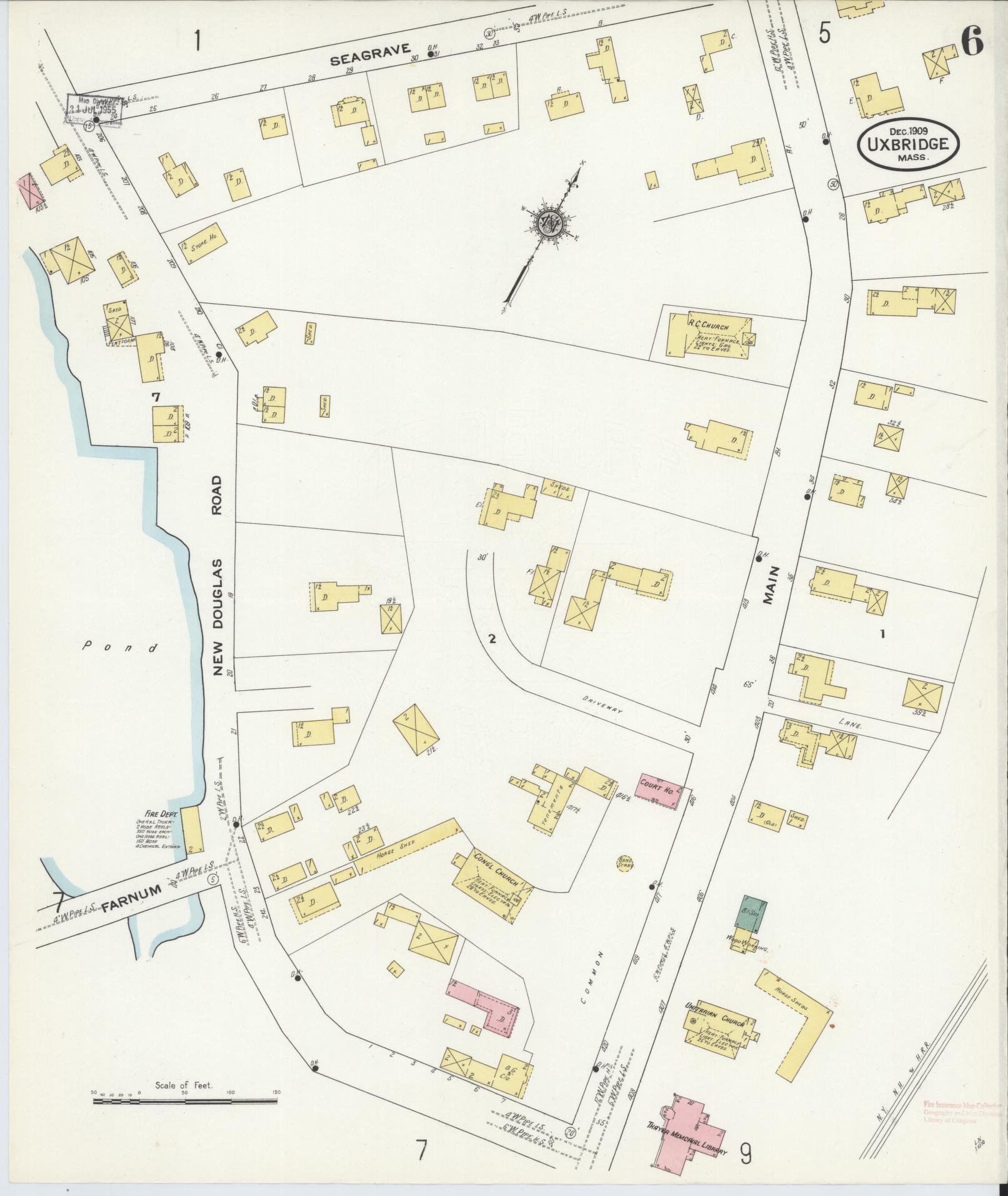 Sanborn Fire Insurance Map from Uxbridge, Worcester County, Massachusetts (1909), Sheet #0006 - Historic Sanborn Fire Insurance Map Print, vintage old map wall art, antique decor, genealogy gift, Massachusetts Massachusetts map