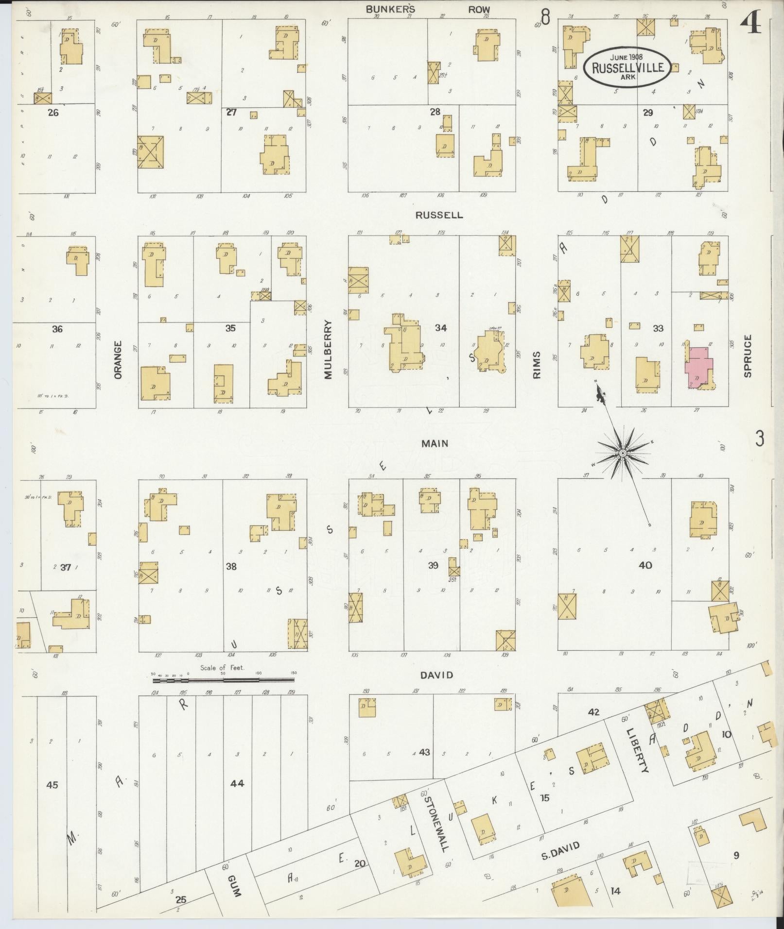Sanborn Fire Insurance Map from Russellville, Pope County, Arkansas (1908), Sheet #0004 - Historic Sanborn Fire Insurance Map Print, vintage old map wall art, antique decor, genealogy gift, Arkansas Arkansas map