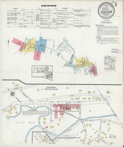 Sanborn Fire Insurance Map from Leicester, Worcester County, Massachusetts (1918), Sheet #0001 - Historic Sanborn Fire Insurance Map Print, vintage old map wall art, antique decor, genealogy gift, Massachusetts Massachusetts map