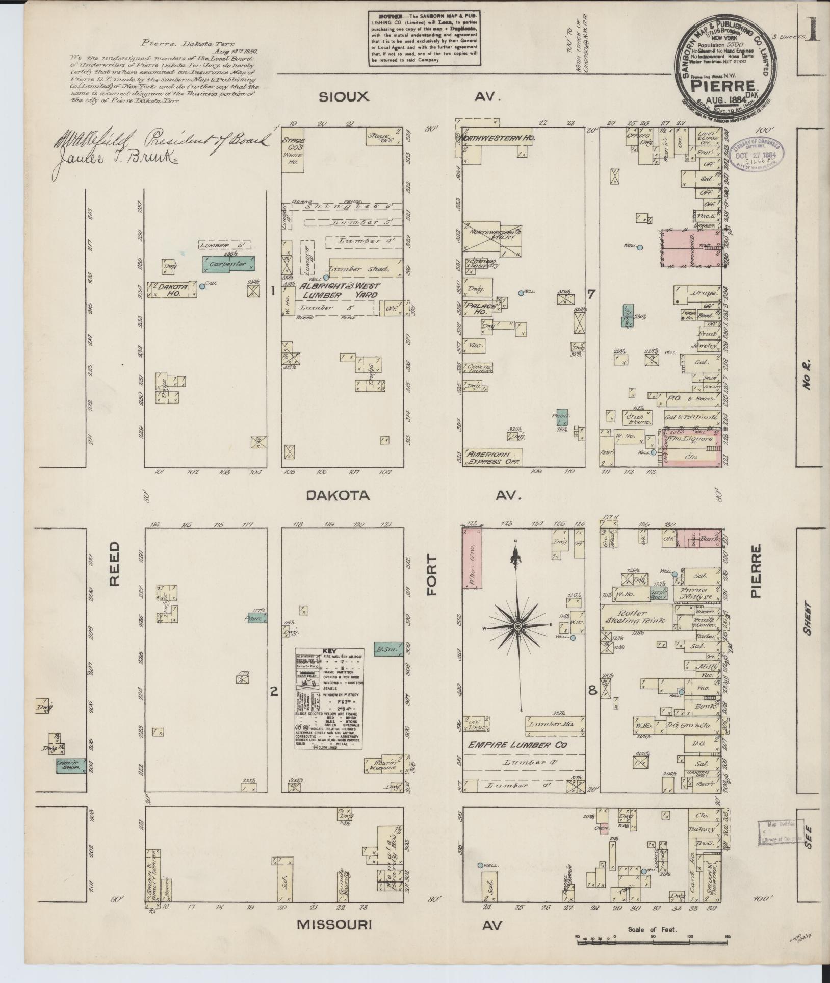 Sanborn Fire Insurance Map from Pierre, Hughes County, South Dakota (1884), Sheet #0001 - Complete Map Set gallery image, historic Sanborn map, vintage wall art, South Dakota South Dakota
