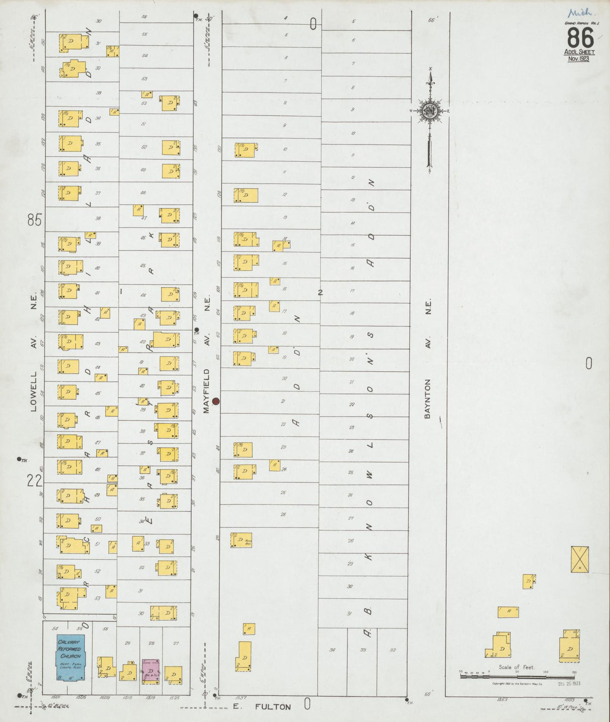 Sanborn Fire Insurance Map from Grand Rapids, Kent County, Michigan (1923), Sheet #0086 - Historic Sanborn Fire Insurance Map Print, vintage old map wall art, antique decor, genealogy gift, Michigan Michigan map
