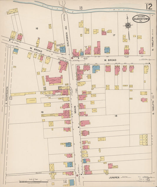 Sanborn Fire Insurance Map from Quakertown, Bucks County, Pennsylvania (1922), Sheet #0012 - Historic Sanborn Fire Insurance Map Print, vintage old map wall art, antique decor, genealogy gift, Pennsylvania Pennsylvania map
