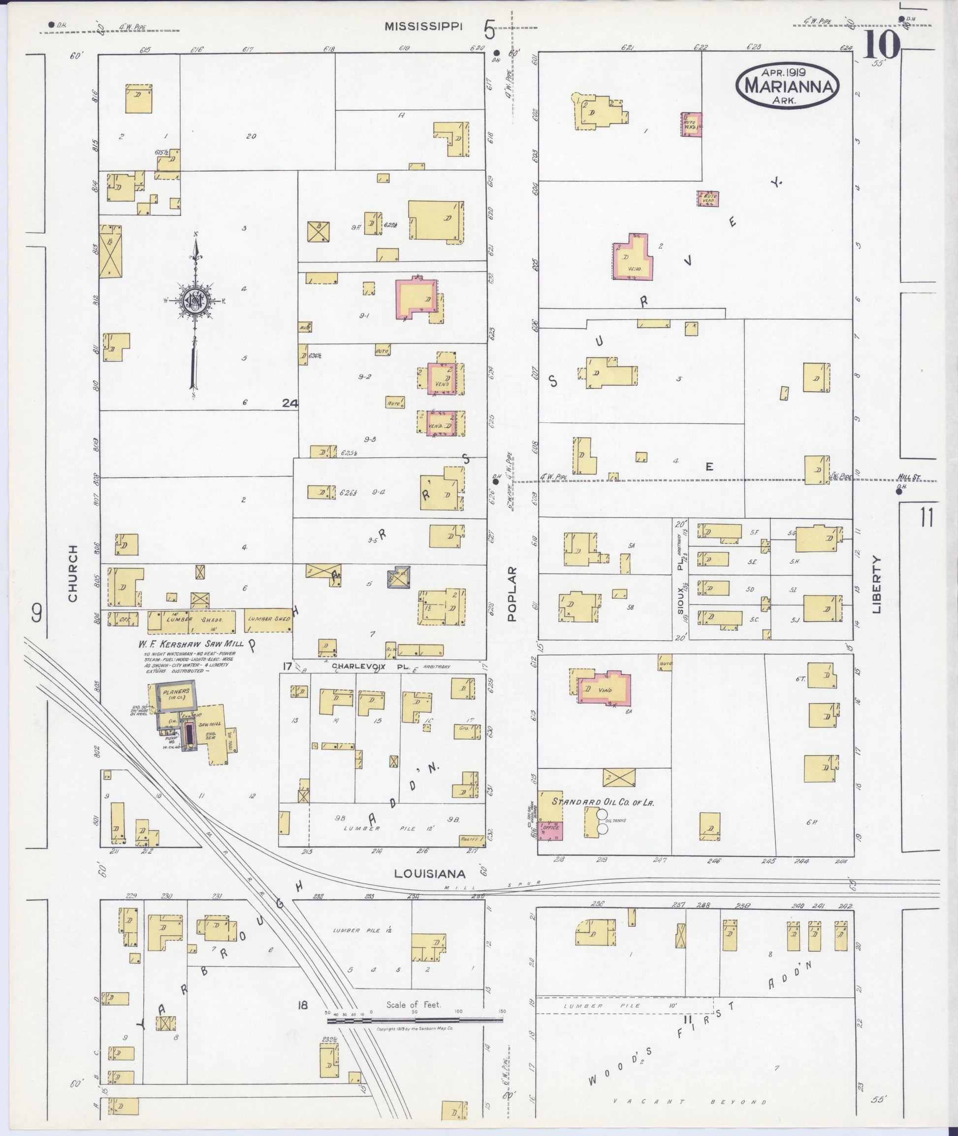 Sanborn Fire Insurance Map from Marianna, Lee County, Arkansas (1919), Sheet #0010 - Historic Sanborn Fire Insurance Map Print, vintage old map wall art, antique decor, genealogy gift, Arkansas Arkansas map