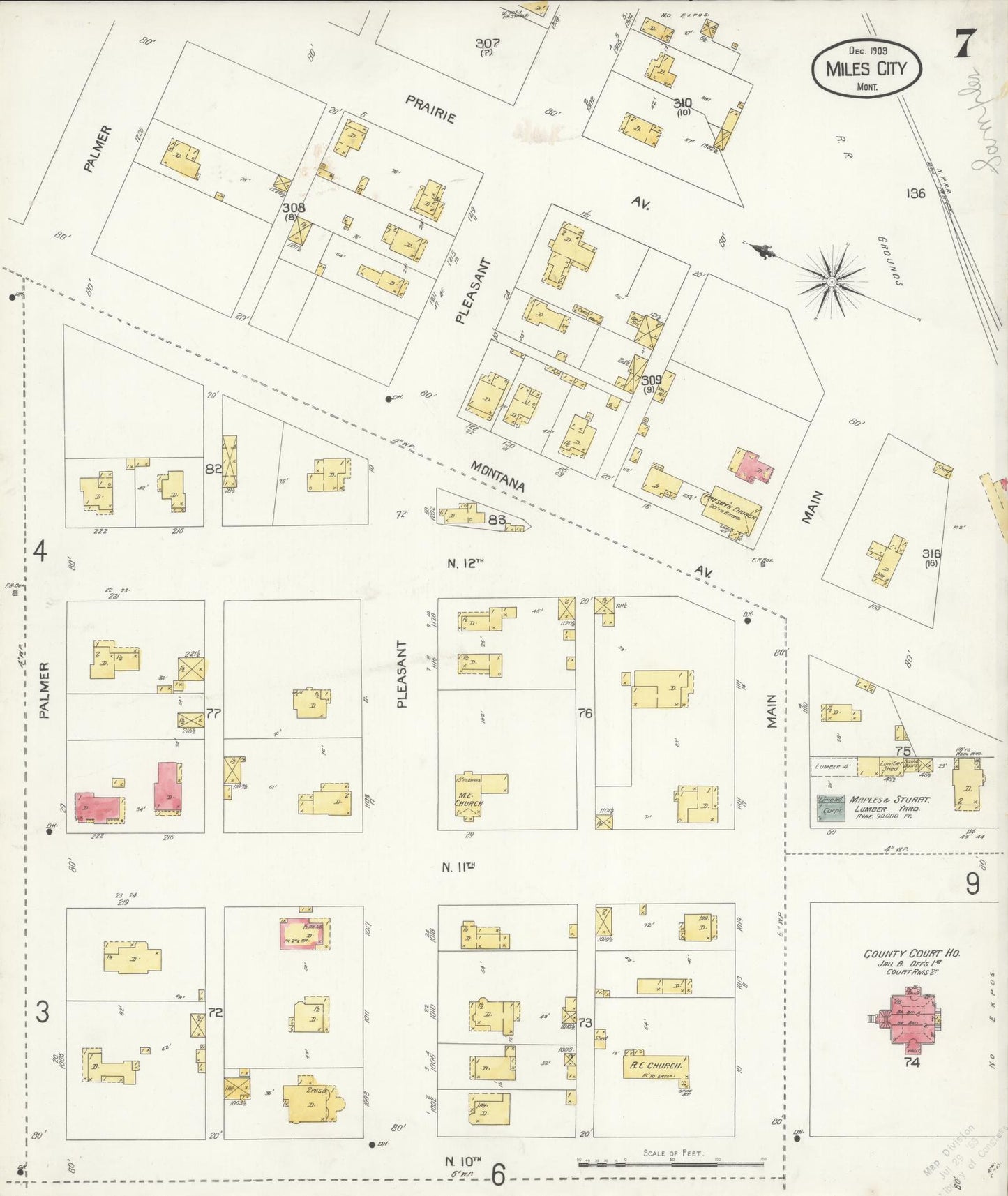 Sanborn Fire Insurance Map from Miles City, Custer County, Montana (1904), Sheet #0007 - Historic Sanborn Fire Insurance Map Print, vintage old map wall art, antique decor, genealogy gift, Montana Montana map