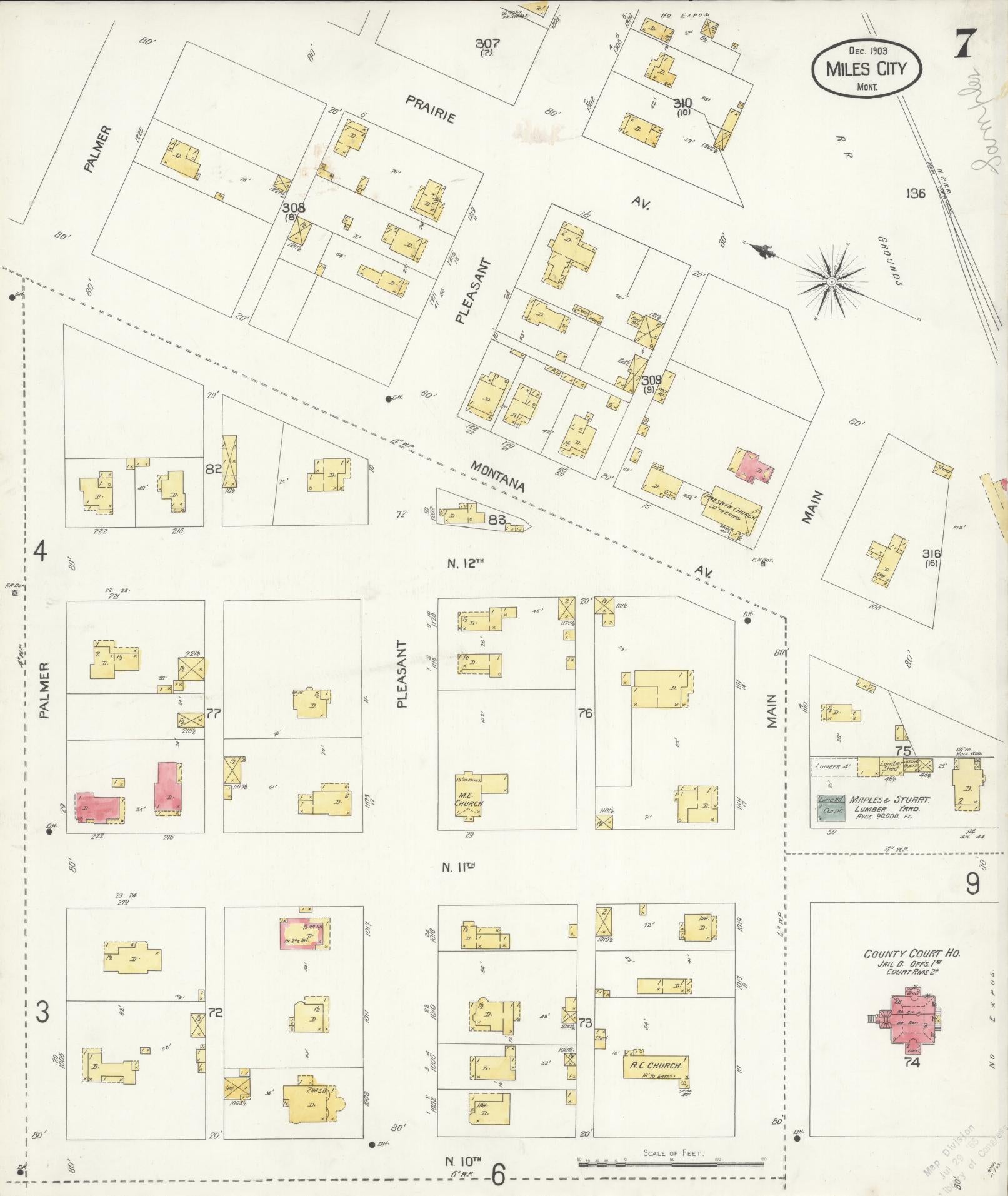 Sanborn Fire Insurance Map from Miles City, Custer County, Montana (1904), Sheet #0007 - Historic Sanborn Fire Insurance Map Print, vintage old map wall art, antique decor, genealogy gift, Montana Montana map