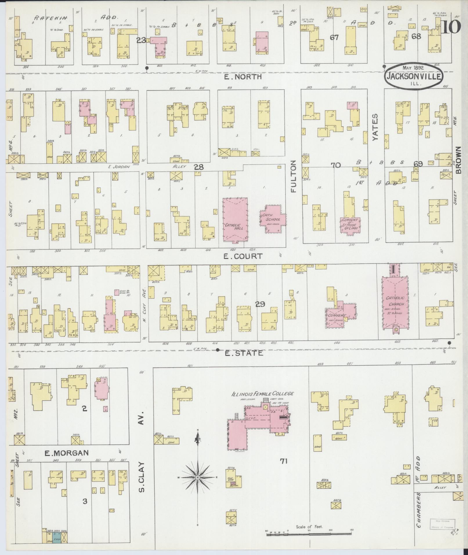Sanborn Fire Insurance Map from Jacksonville, Morgan County, Illinois (1892), Sheet #0010 - Complete Map Set gallery image, historic Sanborn map, vintage wall art, Illinois Illinois