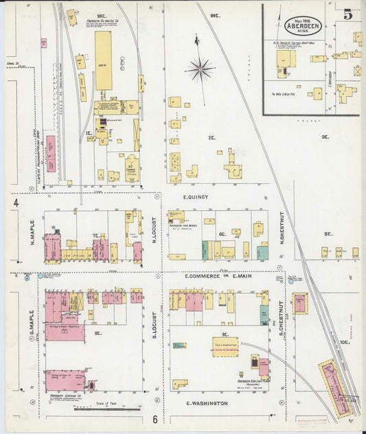 Sanborn Fire Insurance Map from Aberdeen, Monroe County, Mississippi (1905), Sheet #0005 - Historic Sanborn Fire Insurance Map Print, vintage old map wall art, antique decor, genealogy gift, Mississippi Mississippi map