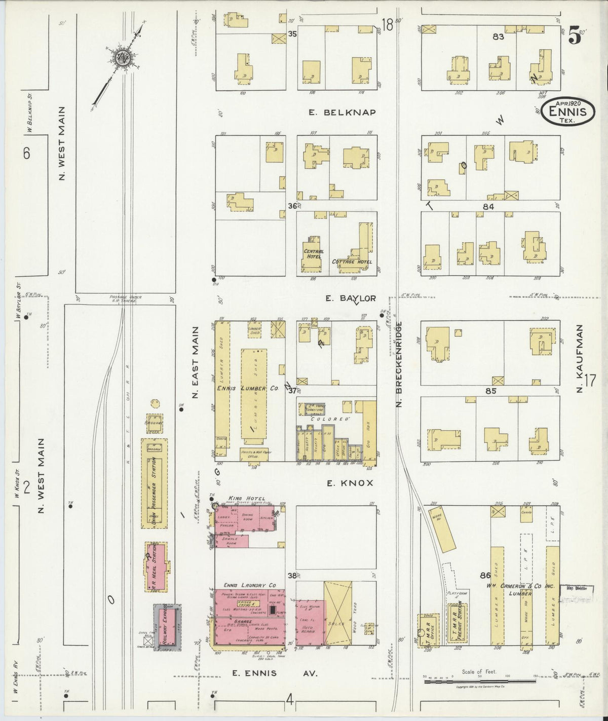 Sanborn Fire Insurance Map from Ennis, Ellis County, Texas (1920), Sheet #0005 - Historic Sanborn Fire Insurance Map Print, vintage old map wall art, antique decor, genealogy gift, Texas Texas map