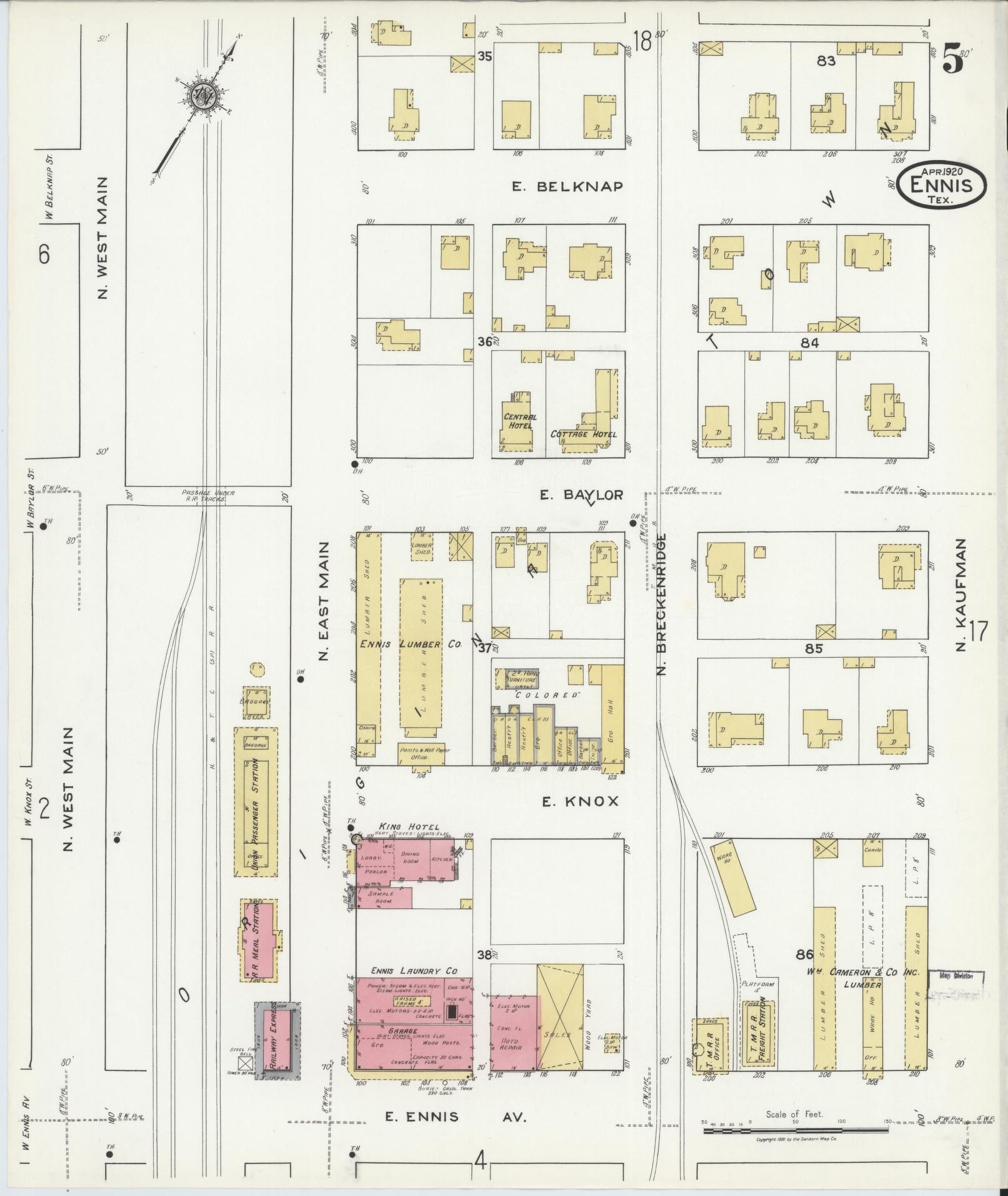 Sanborn Fire Insurance Map from Ennis, Ellis County, Texas (1920), Sheet #0005 - Historic Sanborn Fire Insurance Map Print, vintage old map wall art, antique decor, genealogy gift, Texas Texas map