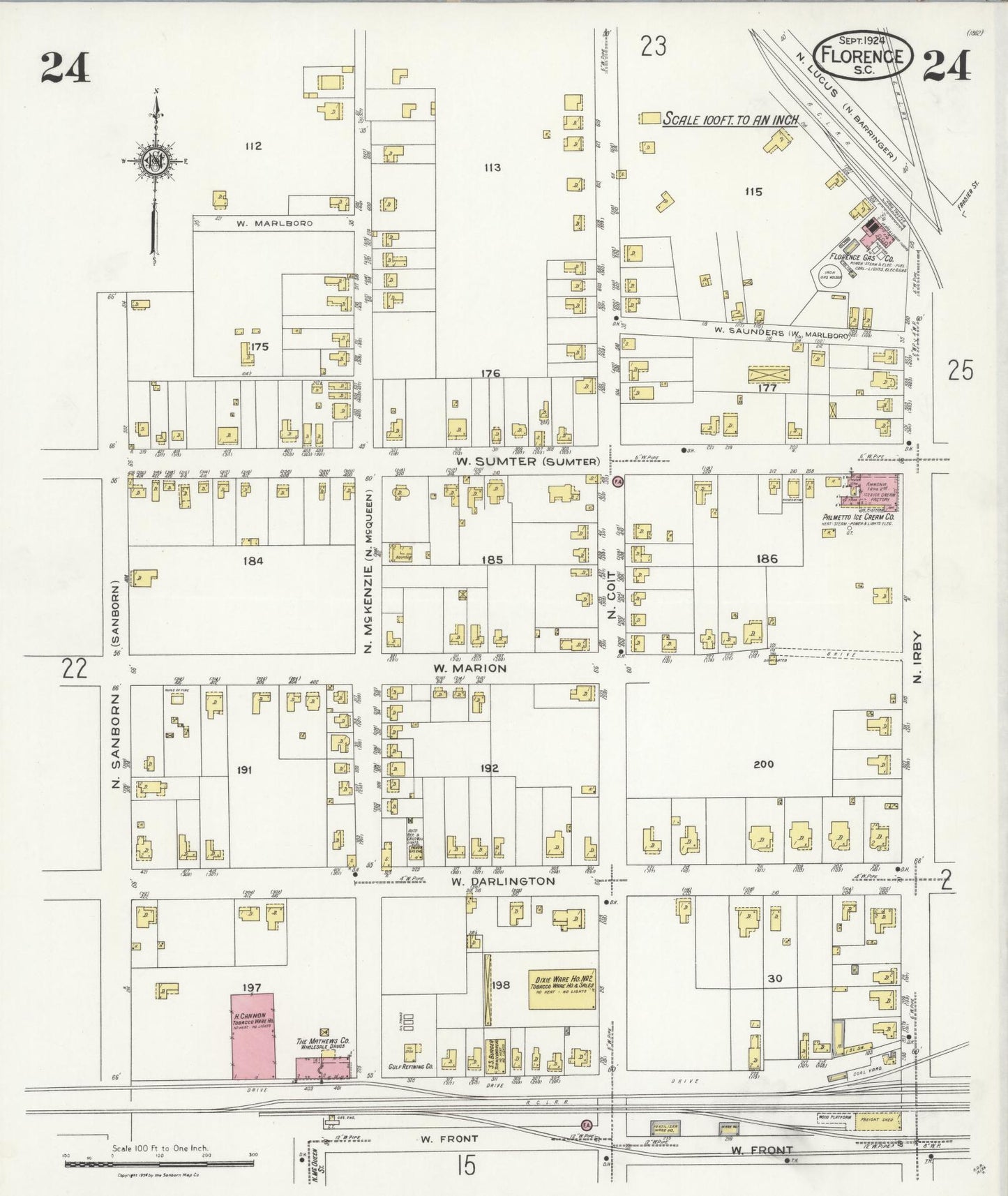 Sanborn Fire Insurance Map from Florence, Florence County, South Carolina (1924), Sheet #0024 - Complete Map Set gallery image, historic Sanborn map, vintage wall art, South Carolina South Carolina