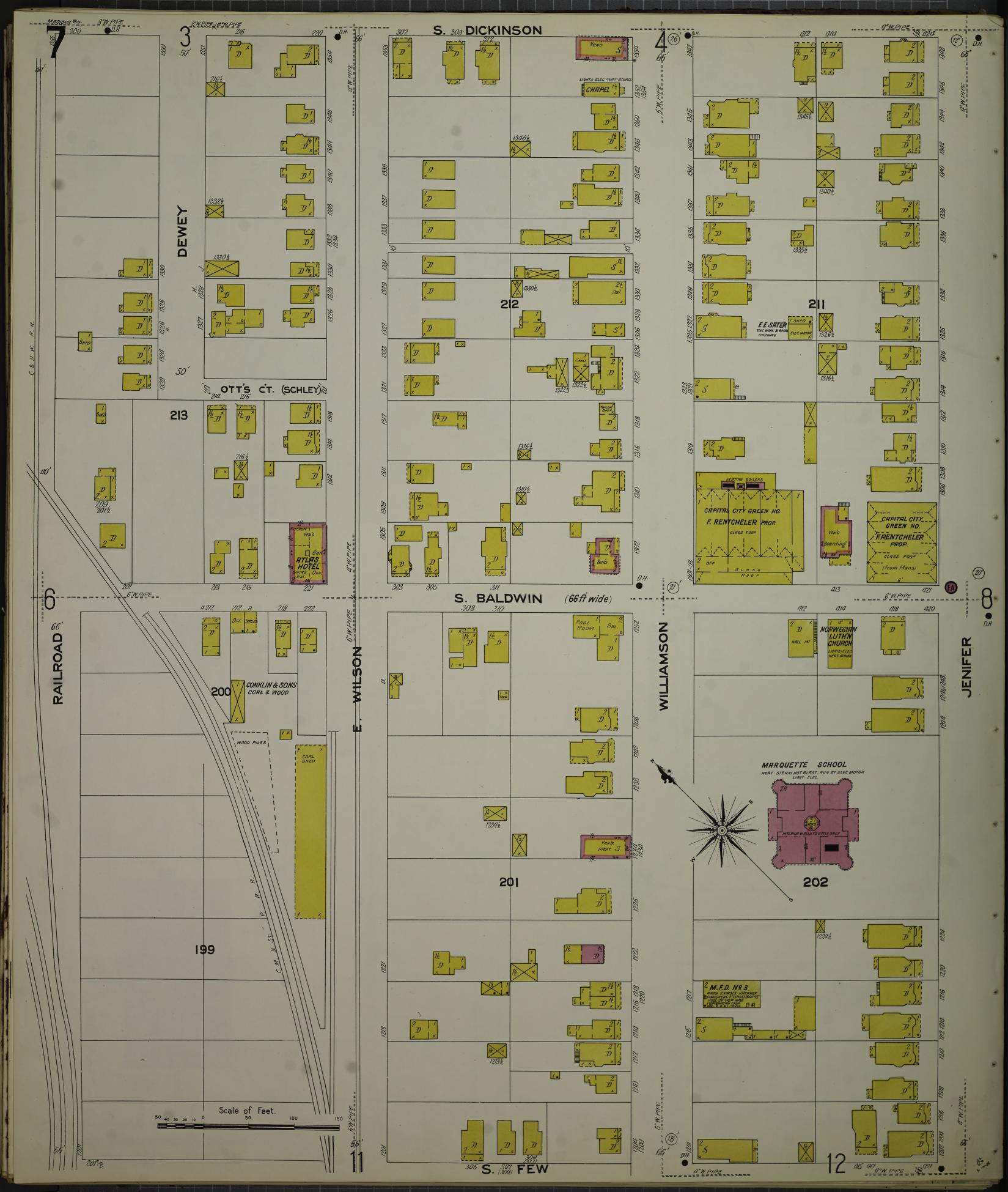 Sanborn Fire Insurance Map from Madison, Dane County, Wisconsin (1908), Sheet #0007 - Historic Sanborn Fire Insurance Map Print, vintage old map wall art, antique decor, genealogy gift, Wisconsin Wisconsin map